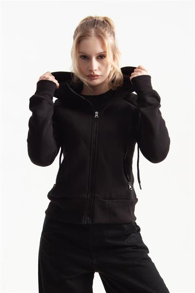 Siyah Vücuda Oturan Kışlık Zip-Hoodie