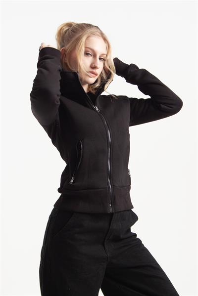 Siyah Vücuda Oturan Kışlık Zip-Hoodie