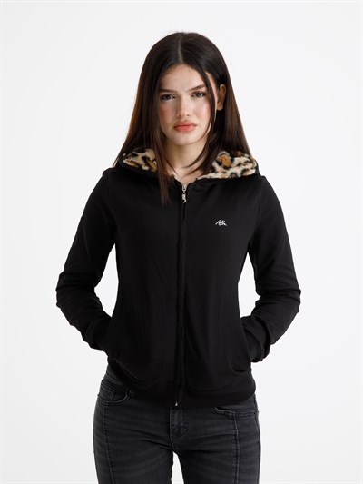 Siyah Vücuda Oturan Leoparlı Yazlık Zip-Hoodie