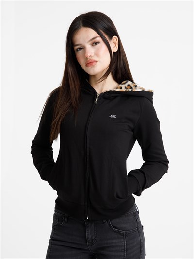 Siyah Vücuda Oturan Leoparlı Yazlık Zip-Hoodie