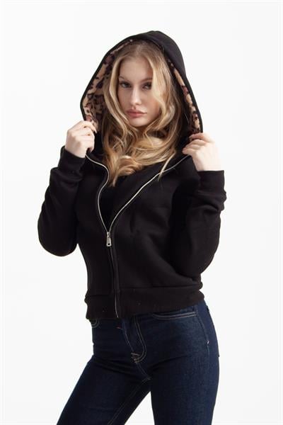 Siyah Vücuda Oturan Leoparlı Zip-Hoodie