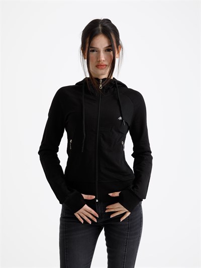 Siyah Vücuda Oturan Yazlık Zip-Hoodie