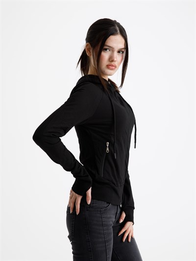 Siyah Vücuda Oturan Yazlık Zip-Hoodie
