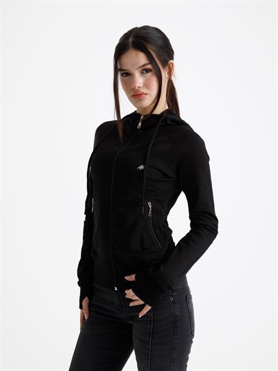Siyah Vücuda Oturan Yazlık Zip-Hoodie