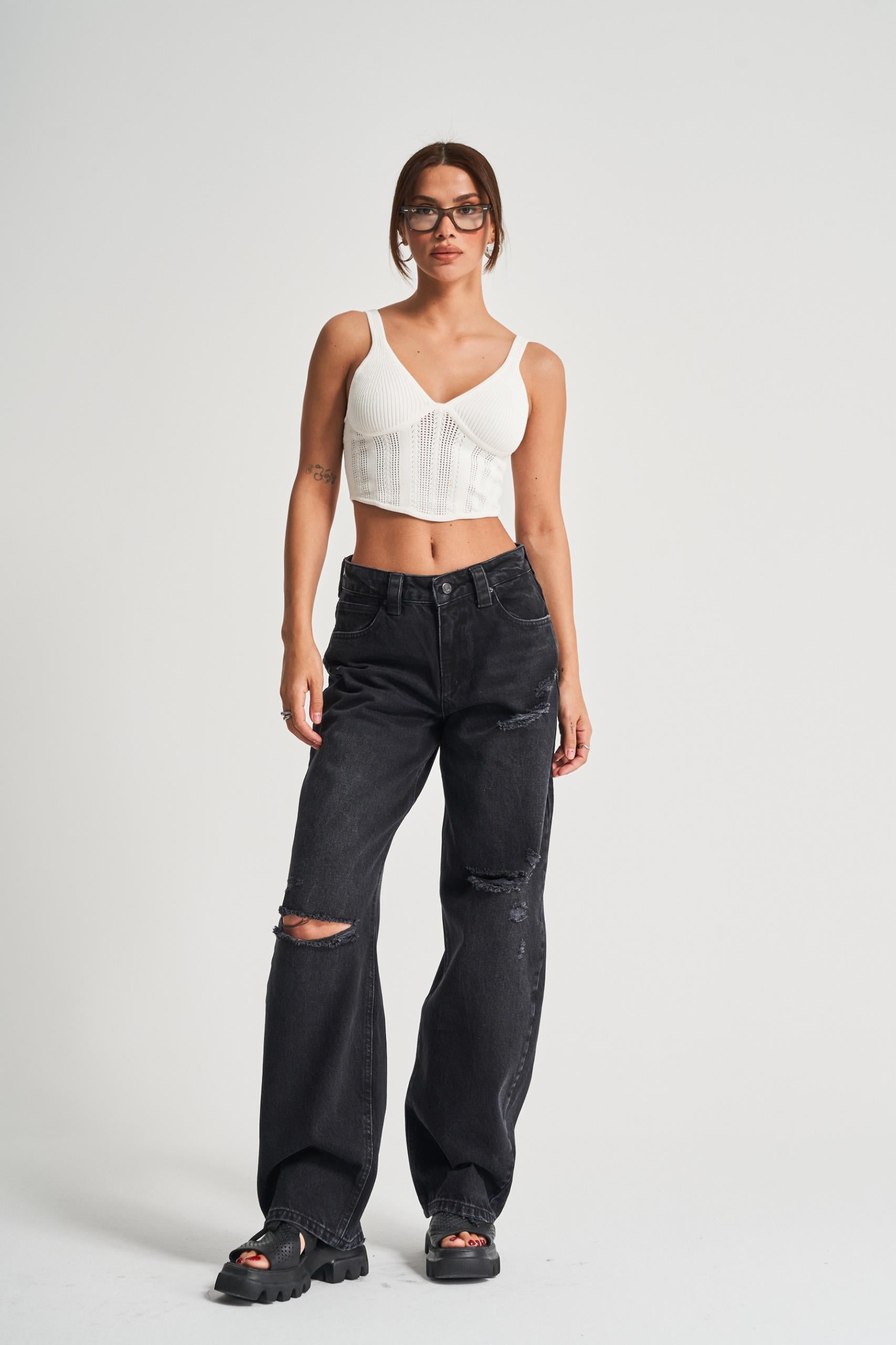 Antrasit Yırtıklı Baggy Baloon Jean