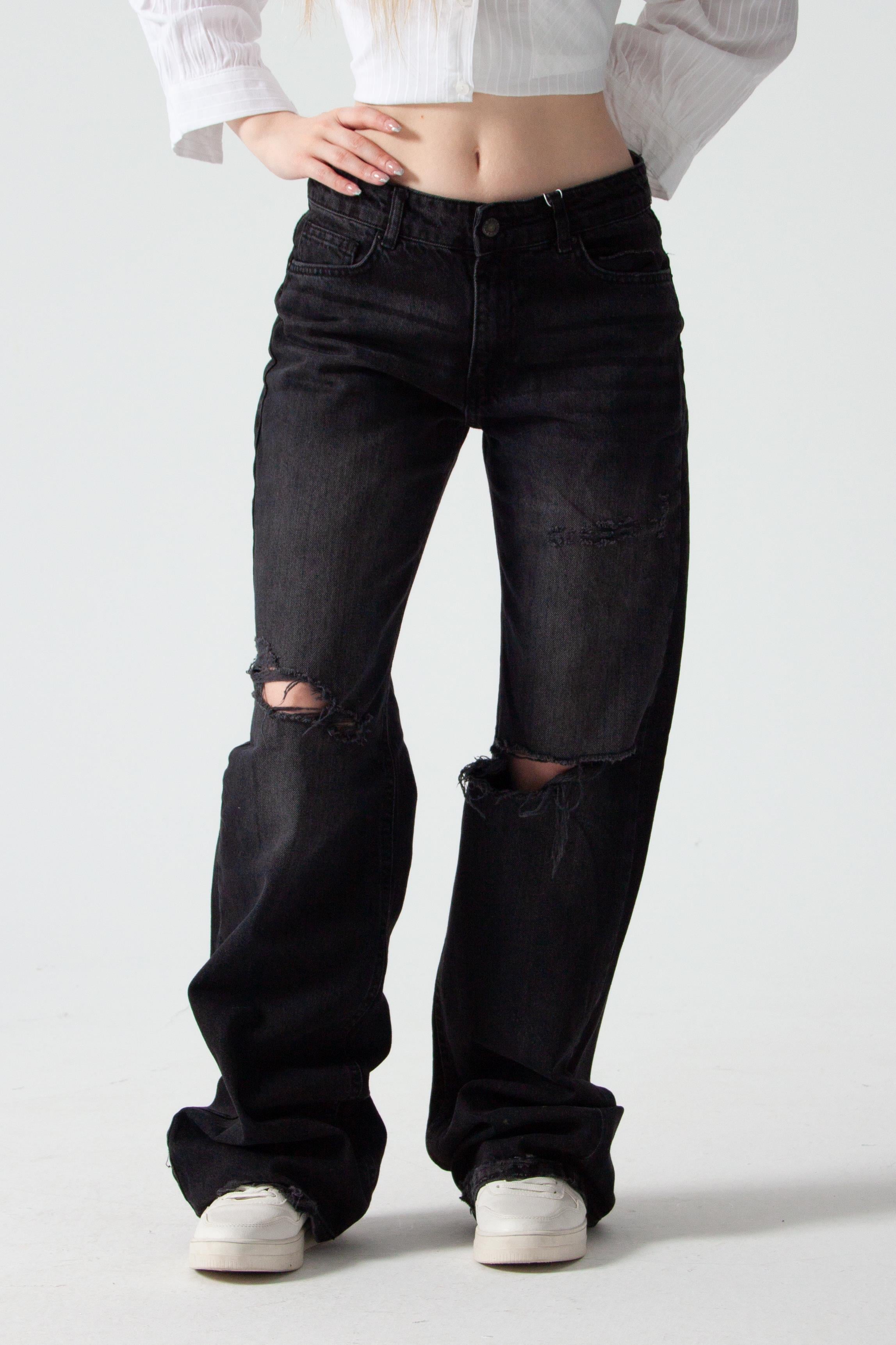 Antrasit Yırtıklı Baggy Flare Jean