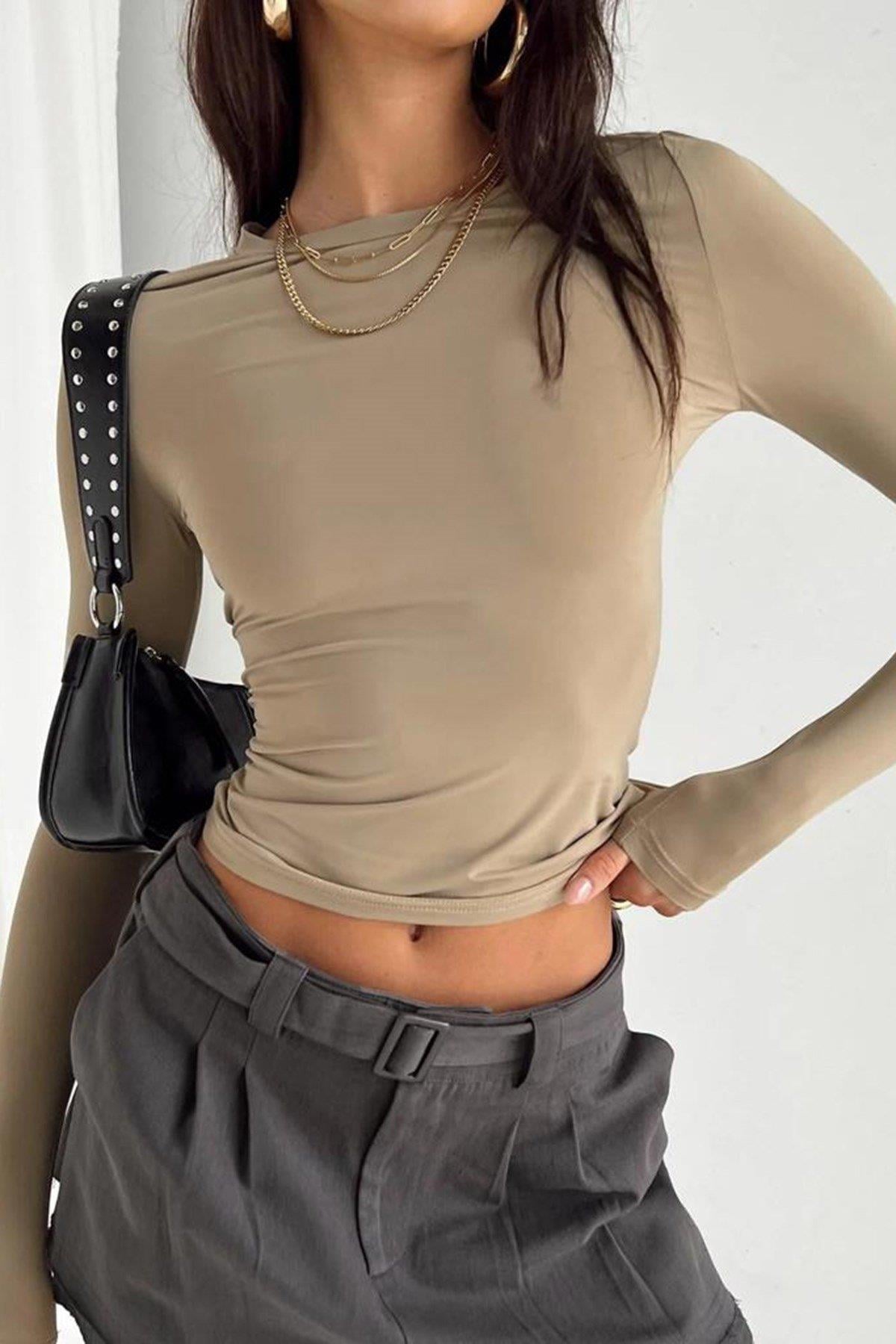 Bej Bisiklet Yaka Uzun Kollu Body