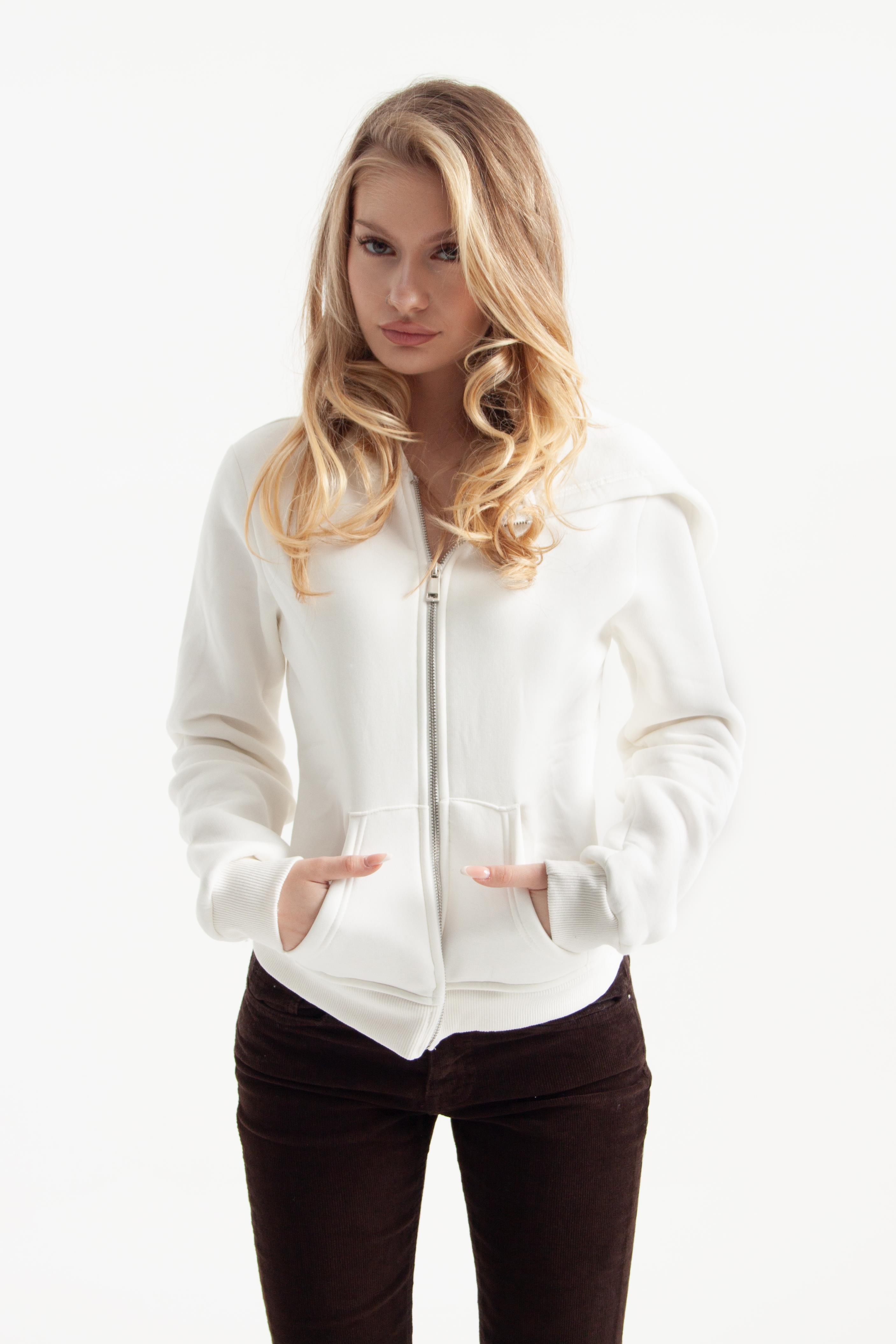 Beyaz Retro-Fit Vücuda Oturan Zip-Hoodie
