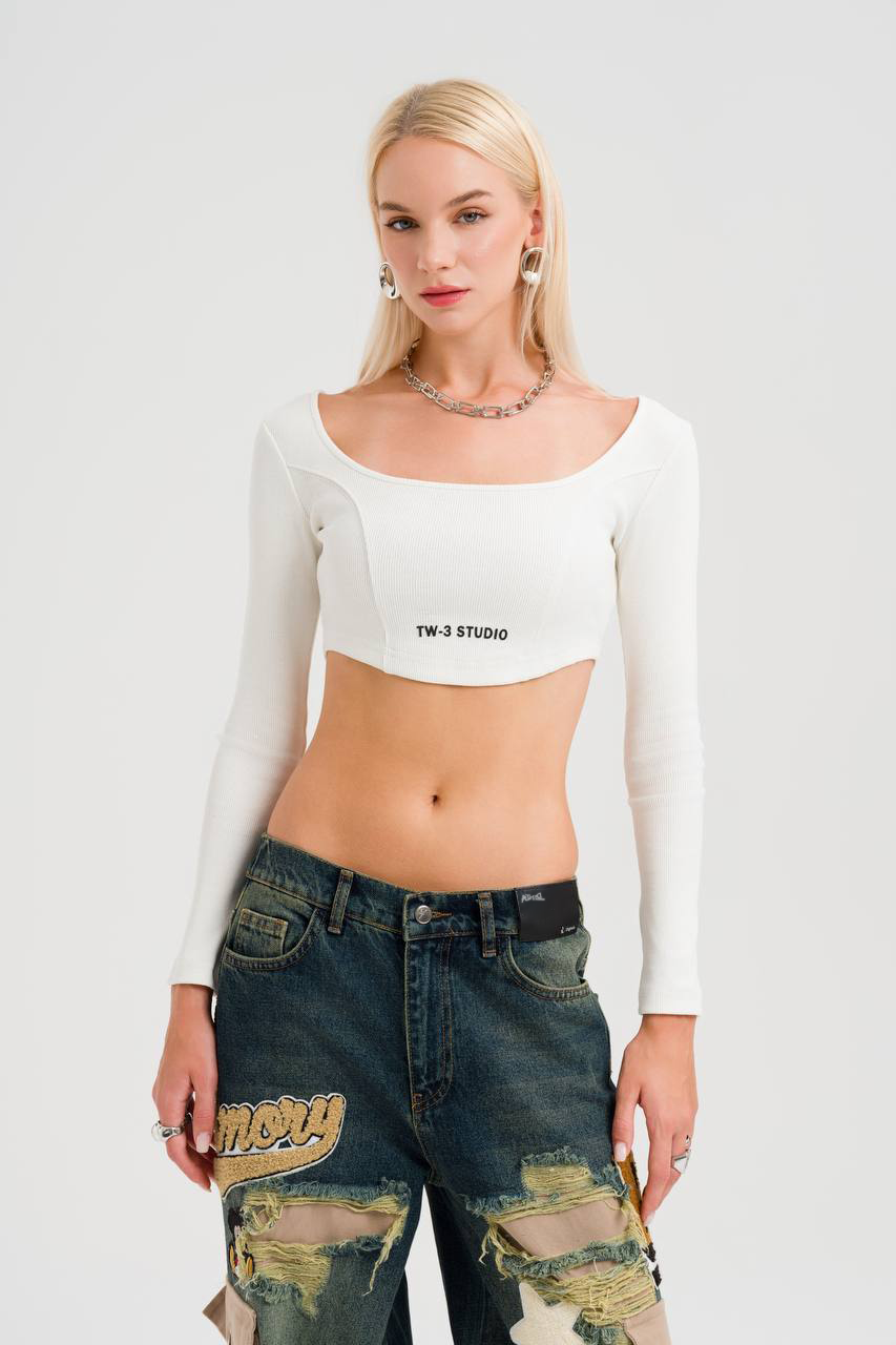 Beyaz Uzun Kollu TW-3 Premium Crop-Top