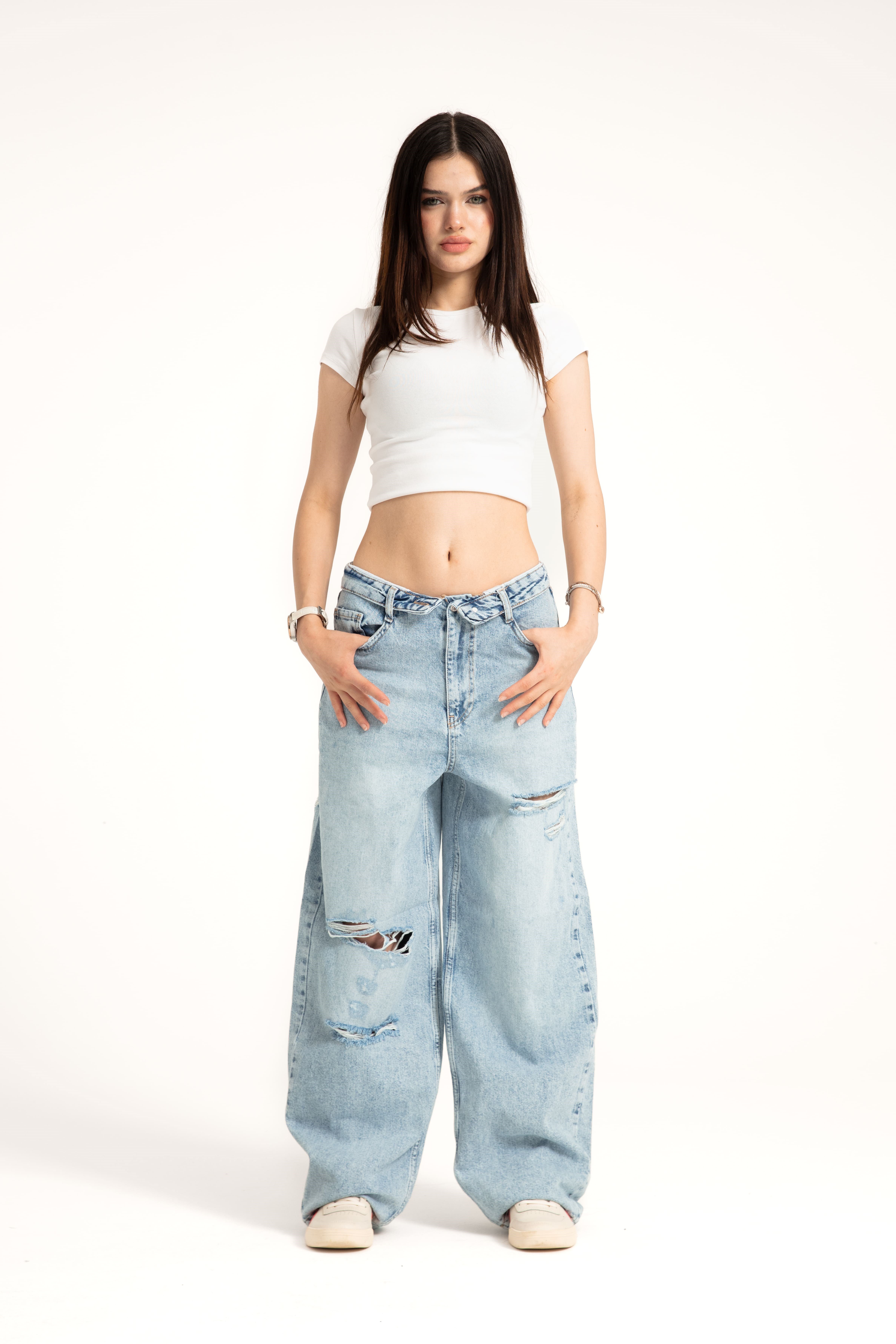 Buz Mavi Ters Kemer Straight Jean