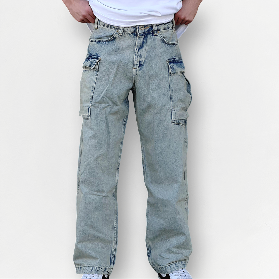 Eskitme Buz Mavi Yüksek Cep Baggy Jean