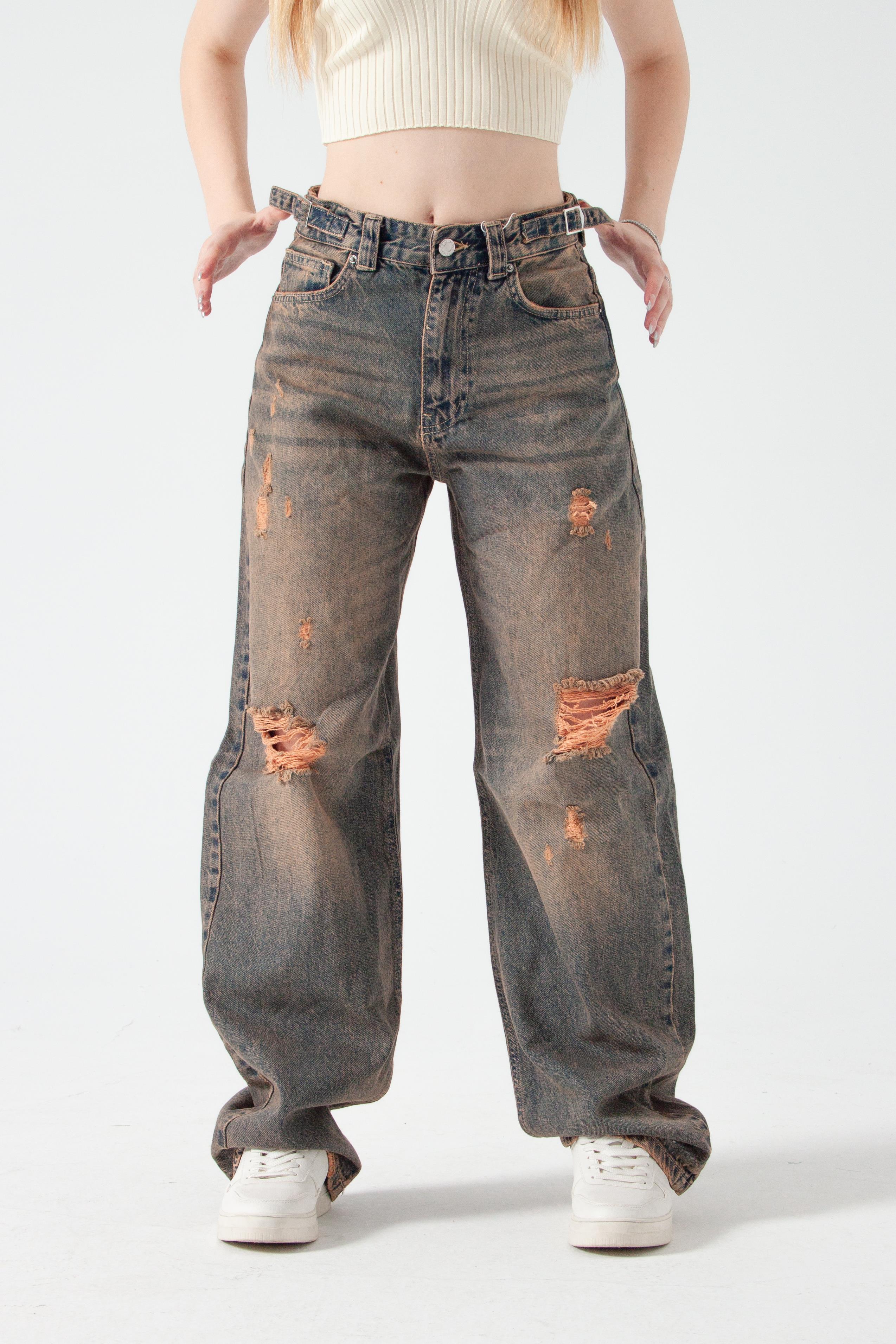 Eskitme Yırtıklı Kemer Detay Wide Leg Jean