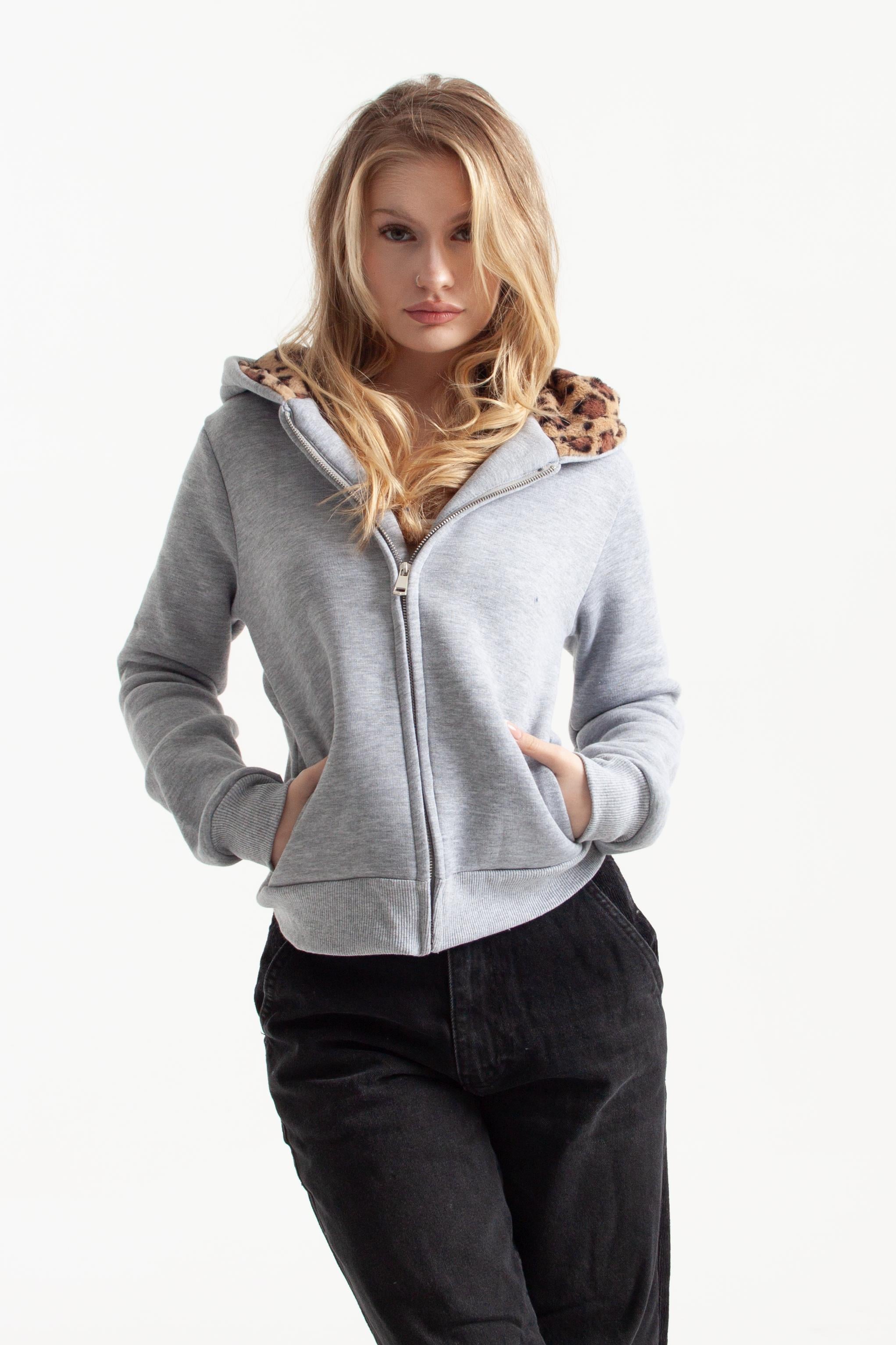 Gri Vücuda Oturan Leoparlı Zip-Hoodie