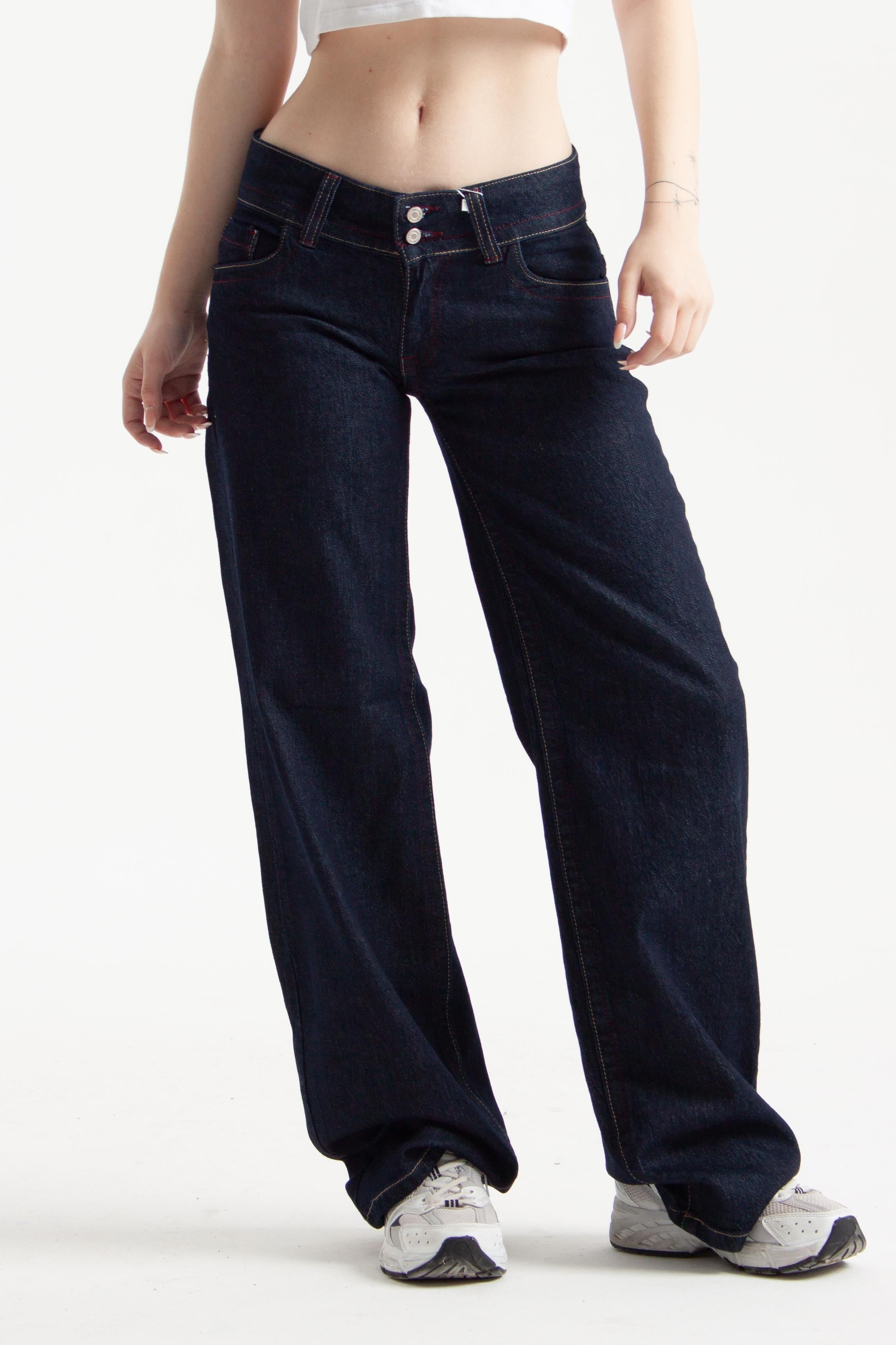Koyu İndigo Viscon Kumaş Straight Jean