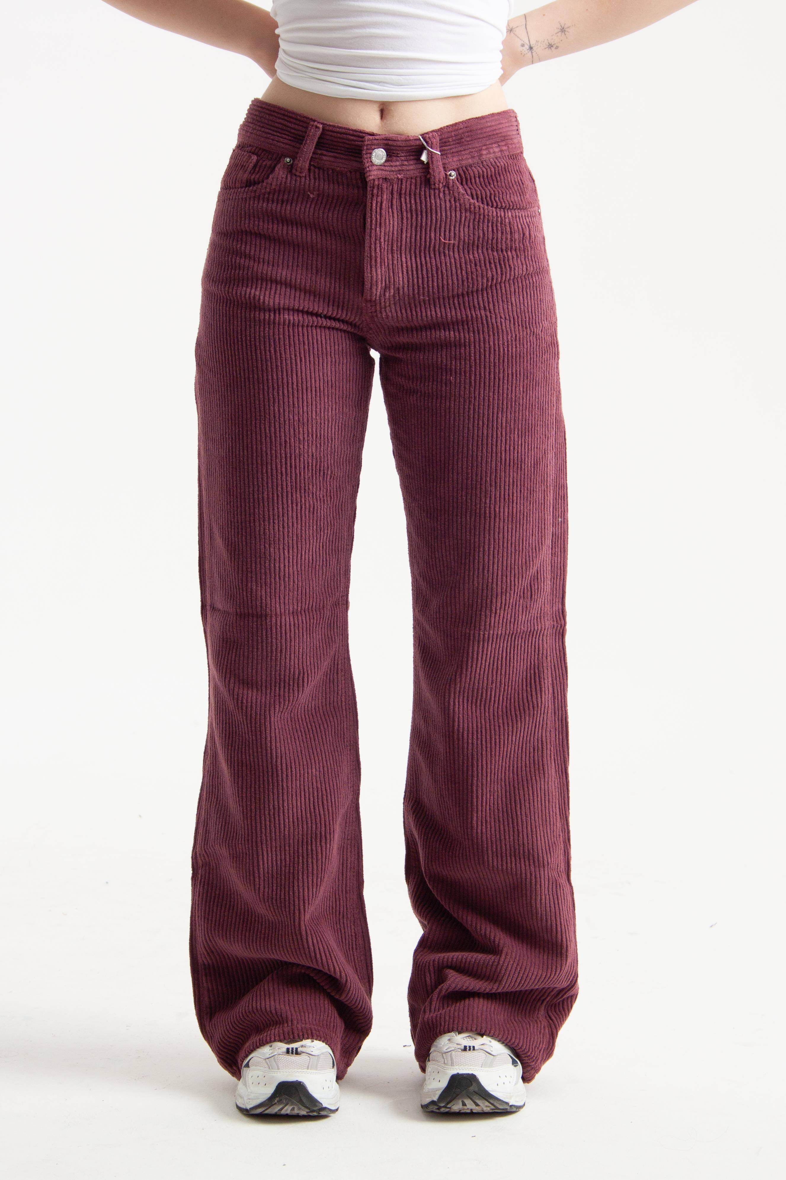Koyu Mürdüm Kadife Kumaş Straight Jean