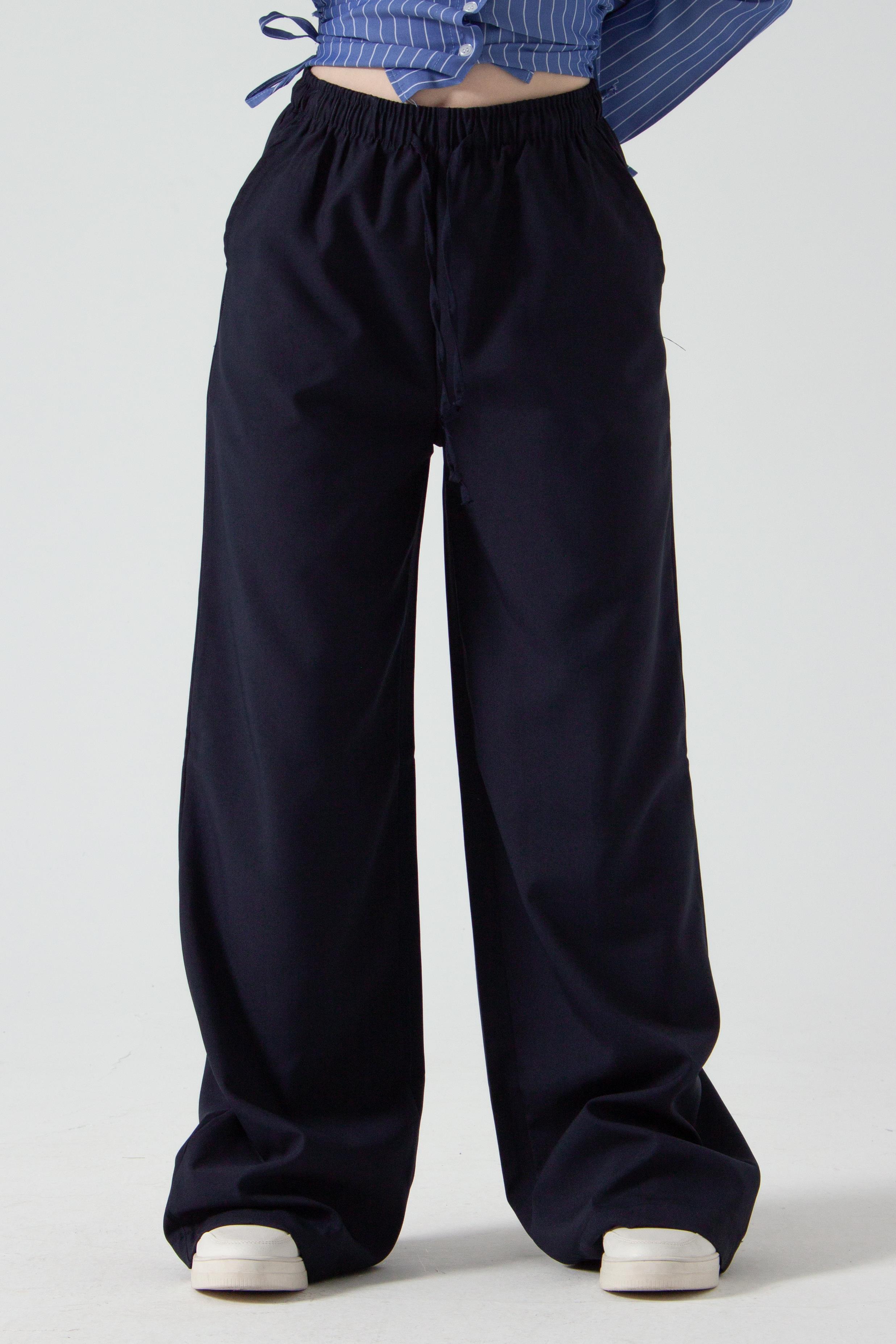 Lacivert Beli Lastikli Bol Paça Pantolon