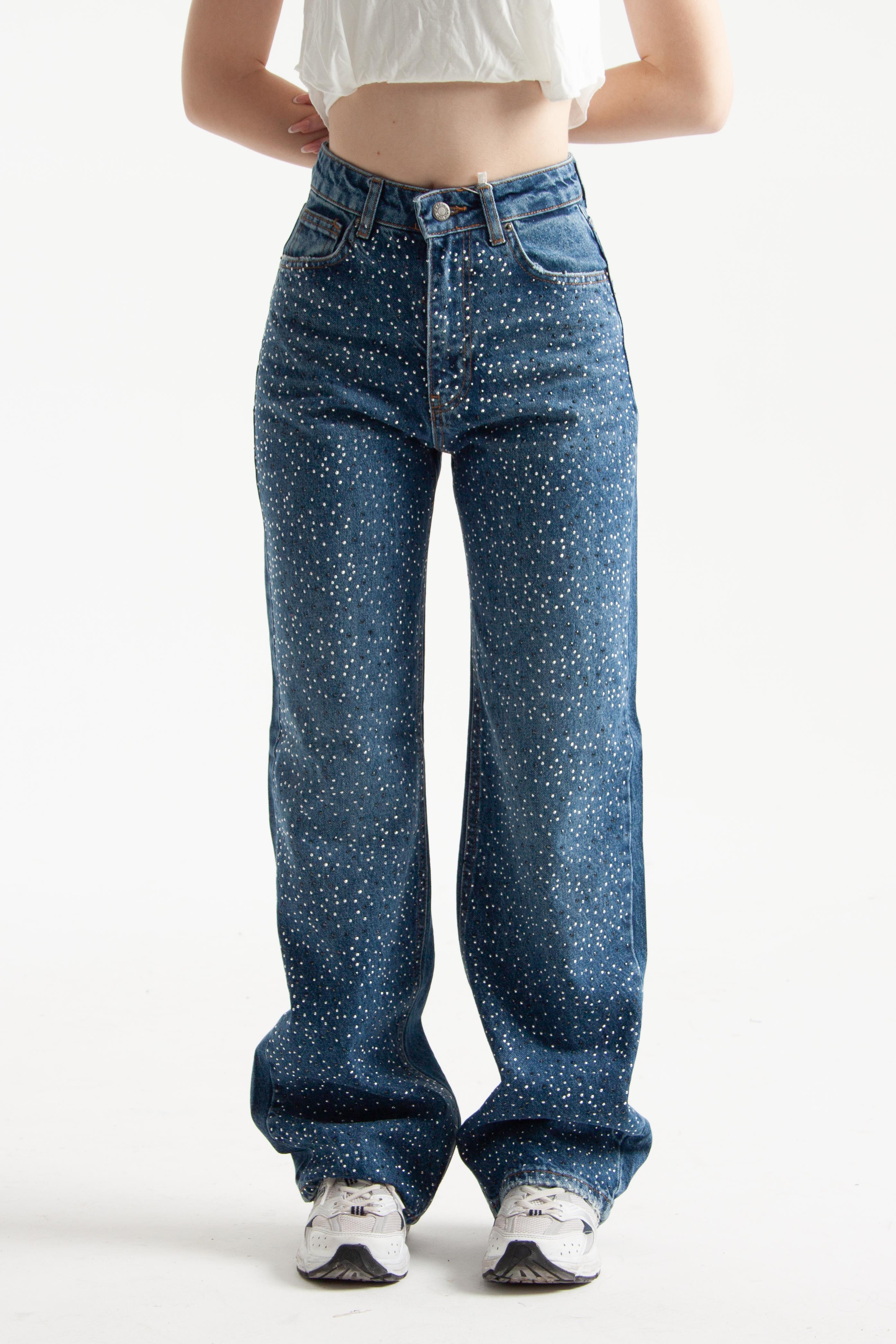 Mavi Taşlı Straight Jean