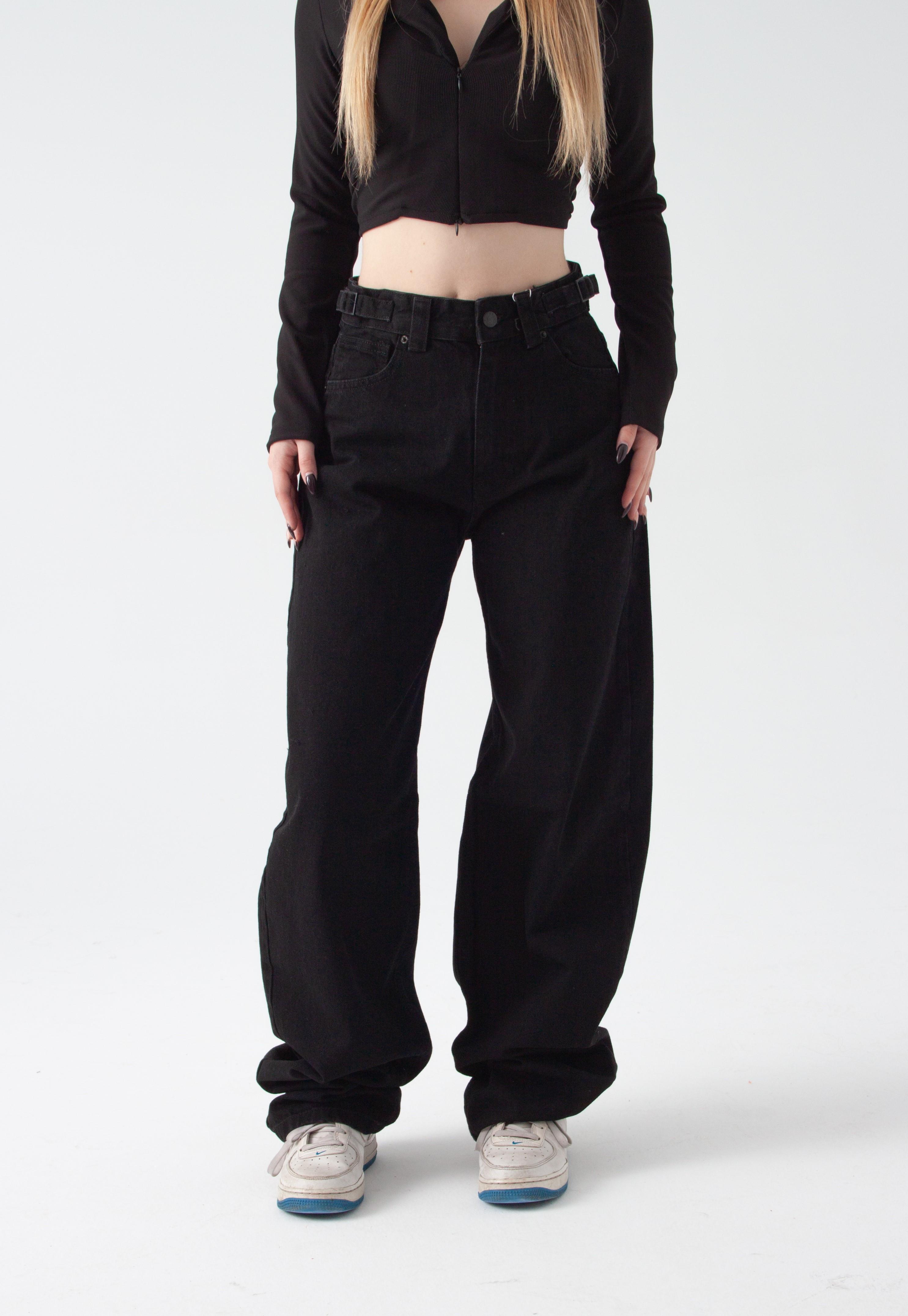 Siyah Kemer Detay Wide Leg Jean