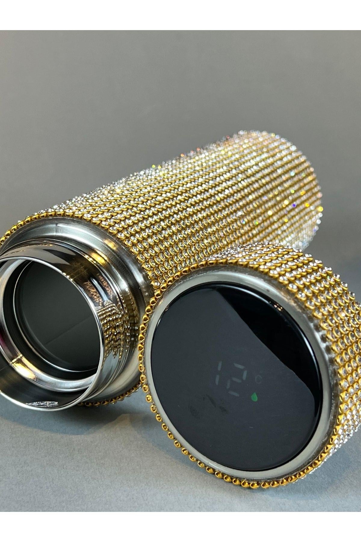 Gold Çerçeveli Swarovski Taşlı Dereceli Termos