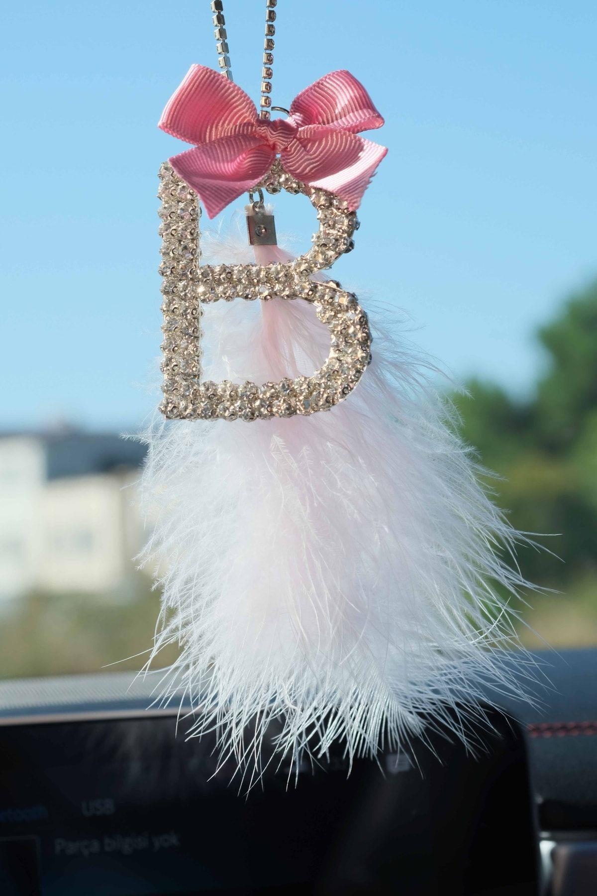 Gümüş 7 Cm Dikiz Süsü B Harf & Açık Pembe Tüy & Açık Pembe Kurdela