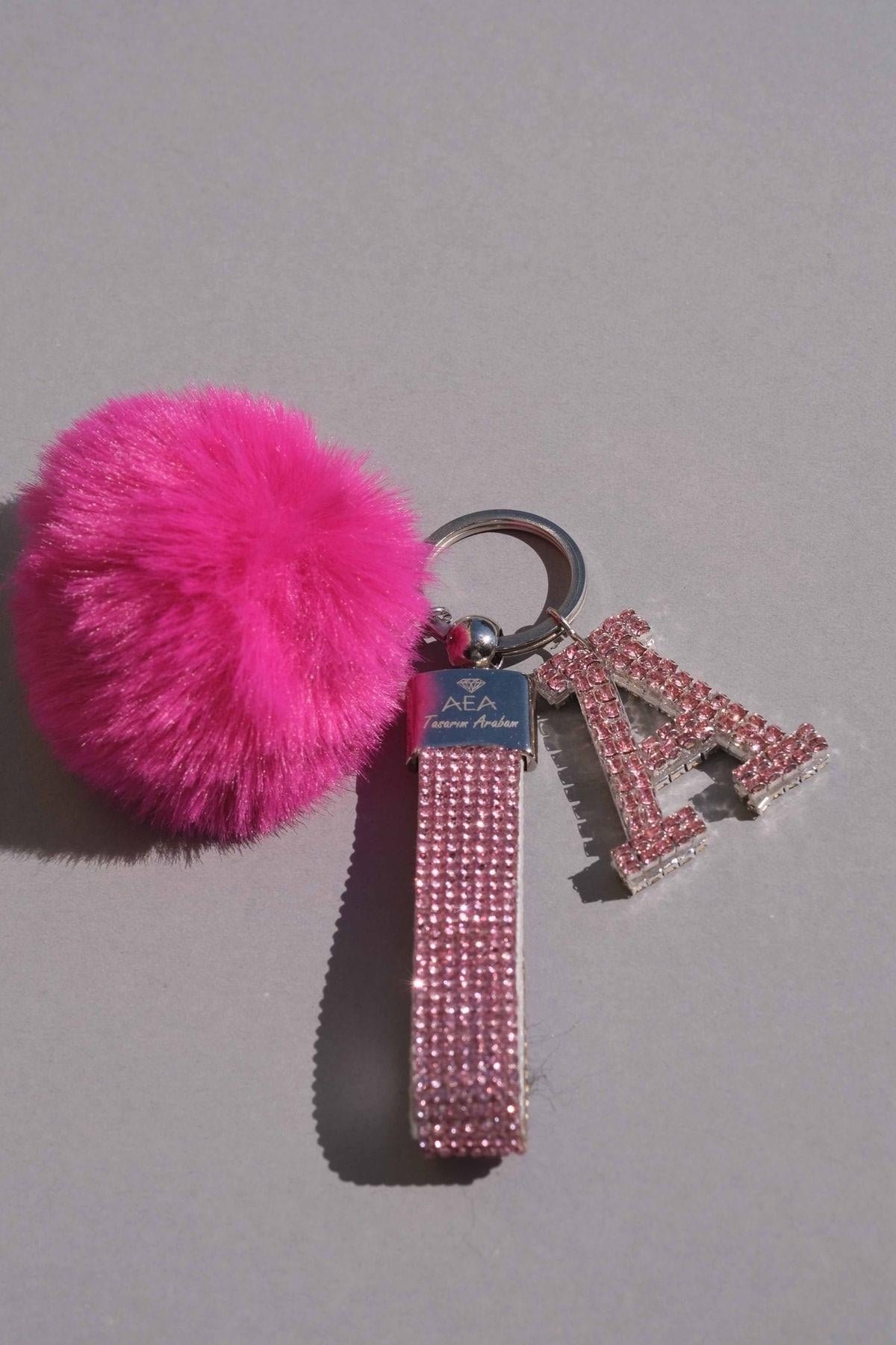 Pembe Taşlı & Logosuz Anahtarlık & Minik Ponpon Fuşya & Pembe A Harf