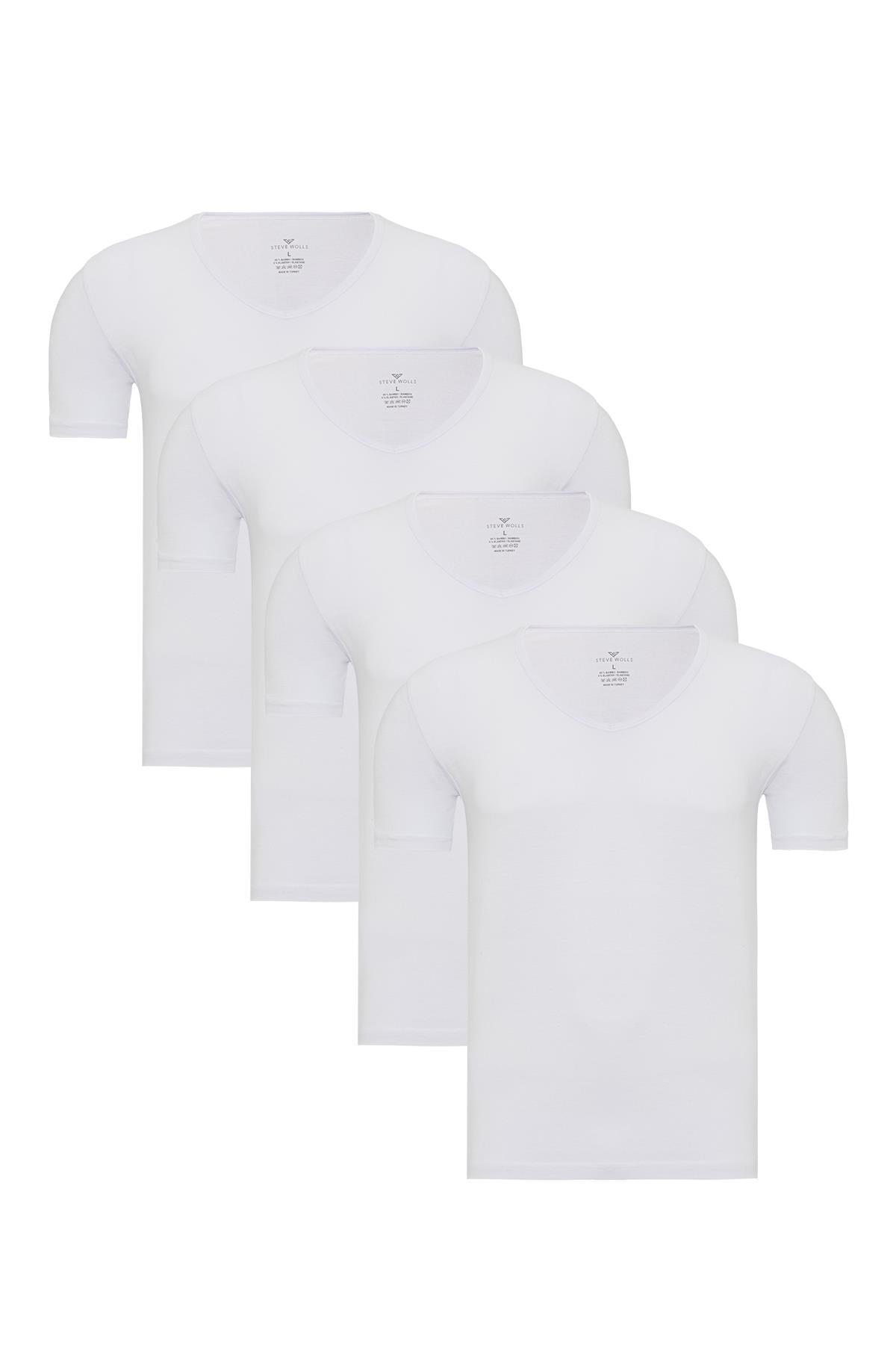 Erkek Beyaz 4’Lü V Yaka Bambu T-Shirt - 33602