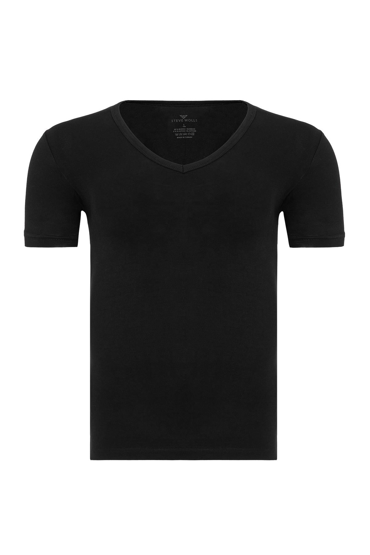 Erkek Siyah Tekli V Yaka Bambu T-Shirt - 33600