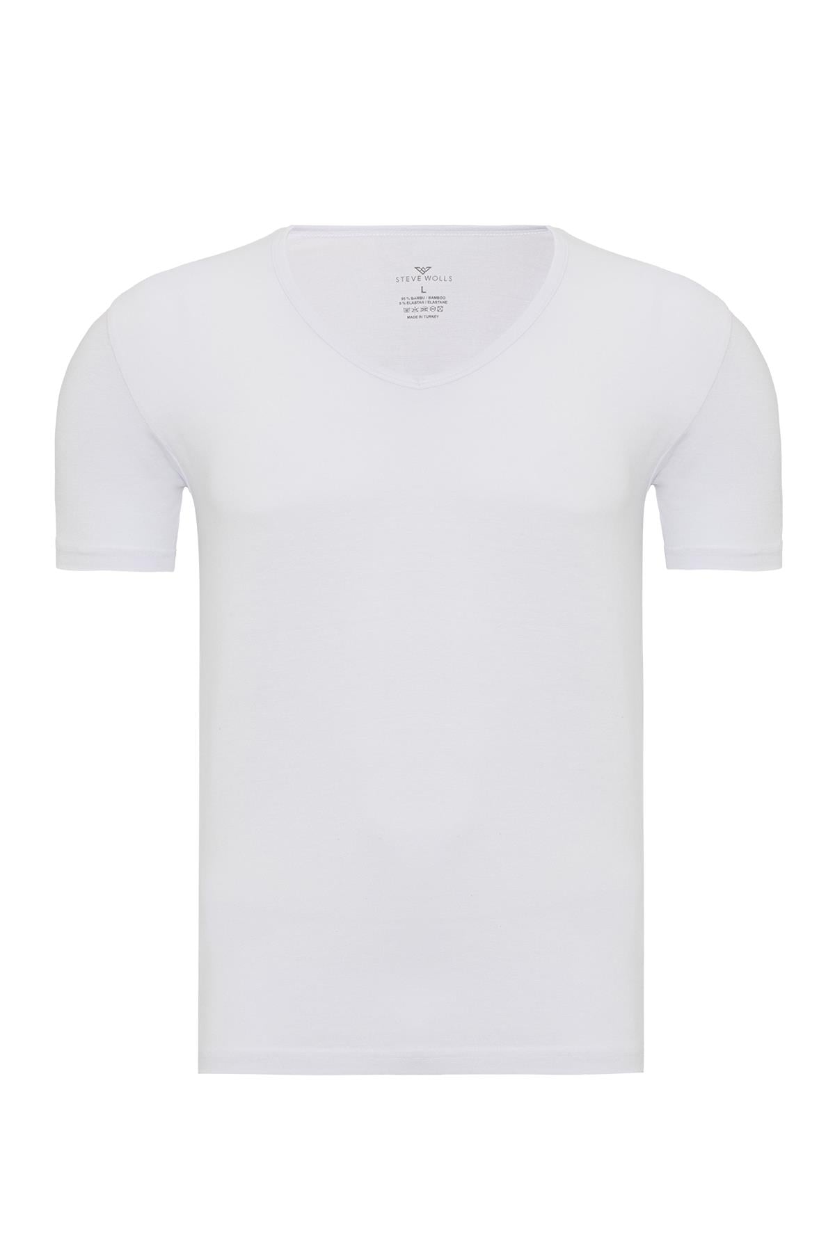 Erkek Beyaz Tekli V Yaka Bambu  T-Shirt - 33600