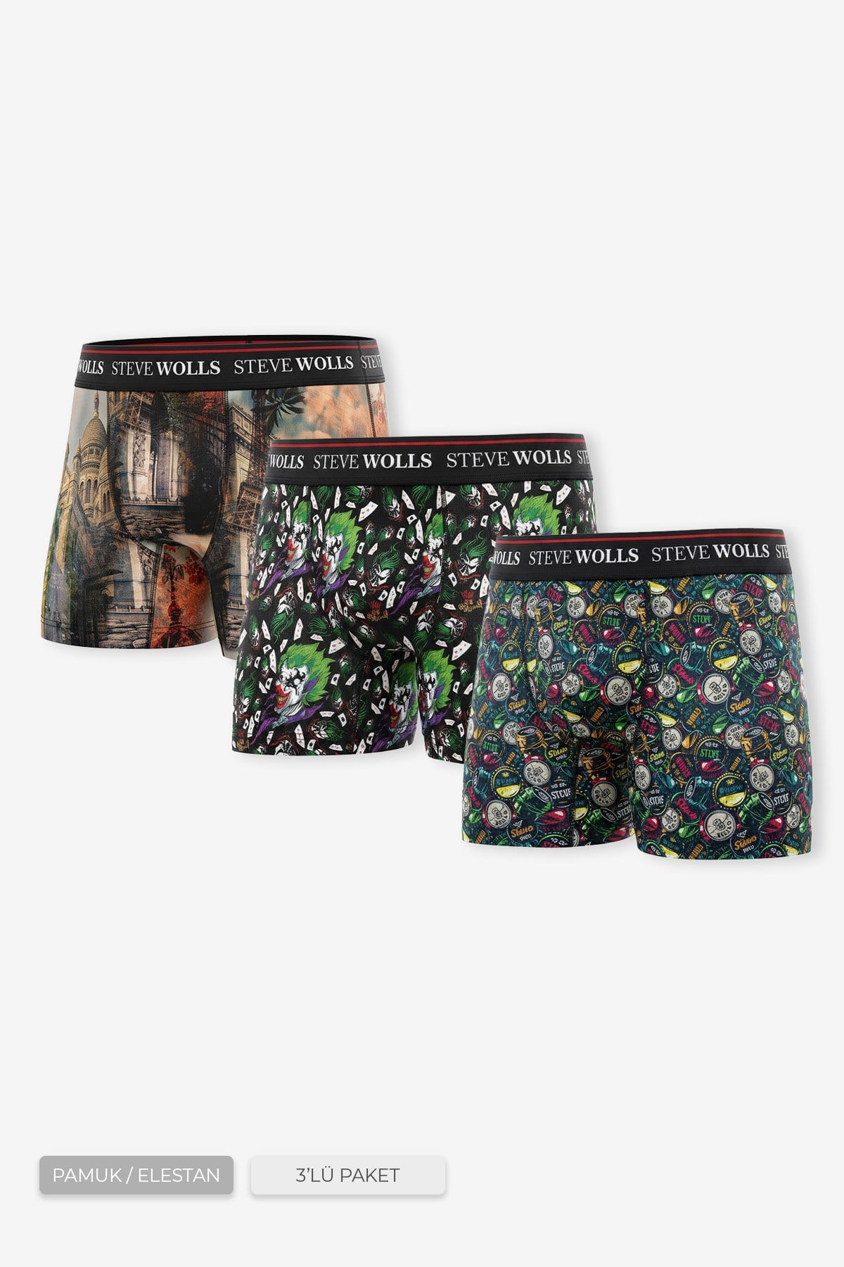 Erkek Karışık Desenli 3'lü Dijital Baskı Boxer - 1101