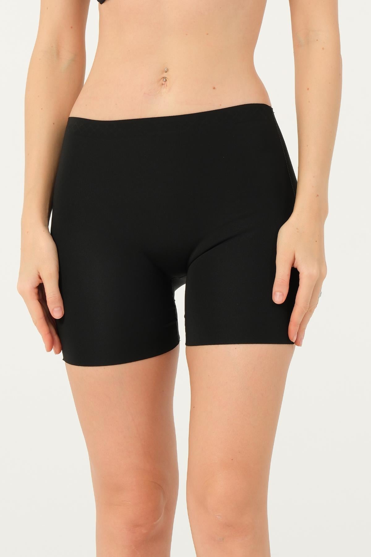 Kadın Siyah Silikonlu Lazer Kesim Boxer Korse - 9901