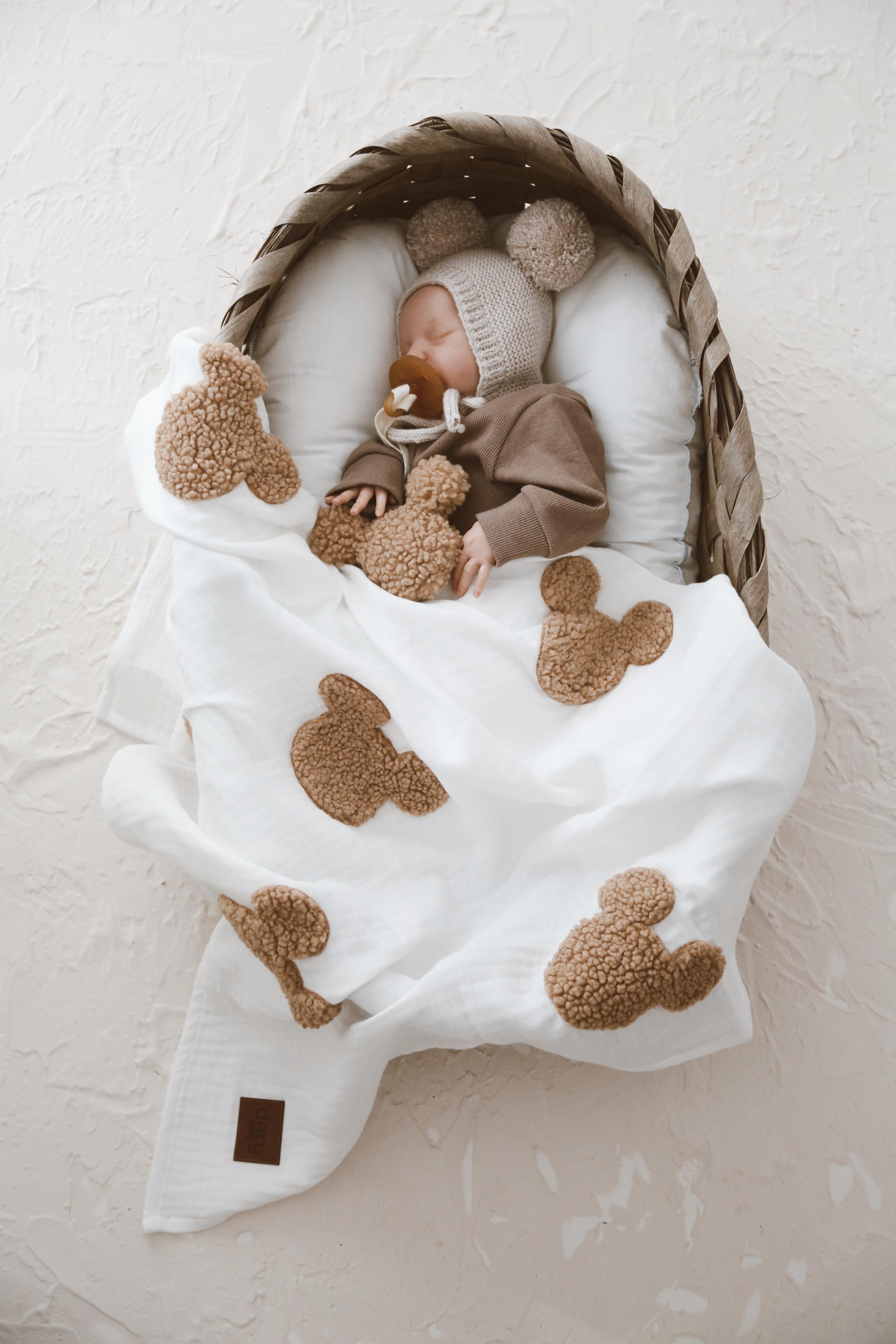 Teddy-Dört Kat Müslin Ekru Souris Battaniye