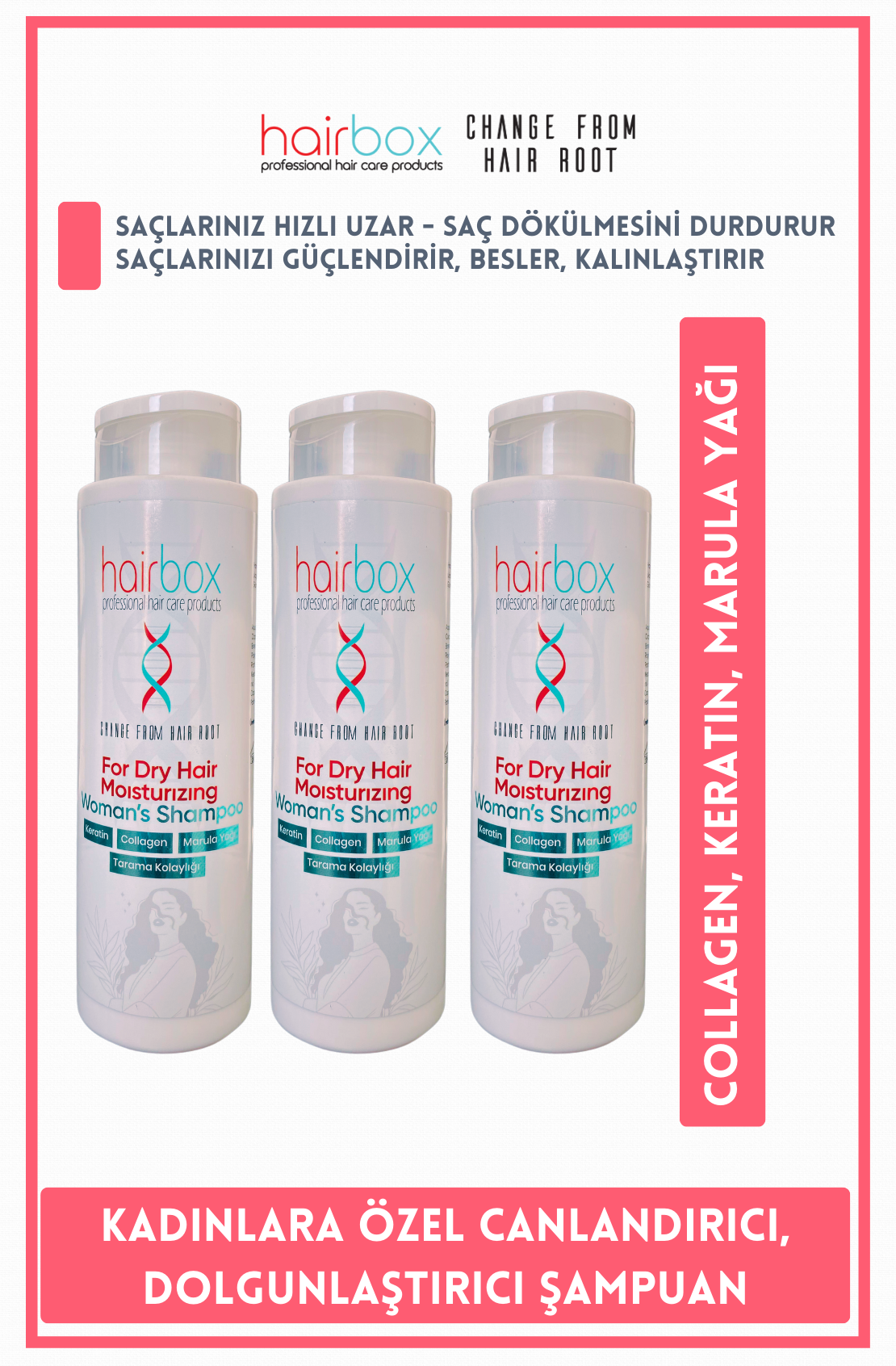 Hairbox Şampuan - Kolay Taranan Saçlar, Collagen, Keratin, Marula Yağlı Ekonomik Set (3 Adet Şampuan)