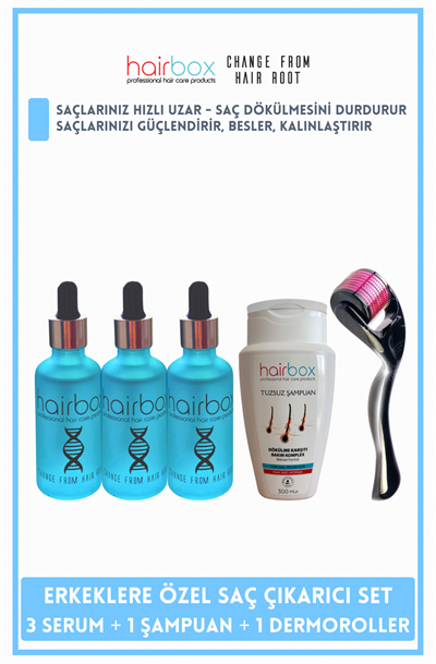 Hairbox Erkek Saç Serumu, (3 Adet Serum + 1 Adet Dermaroller + 1 Adet Şampuan)