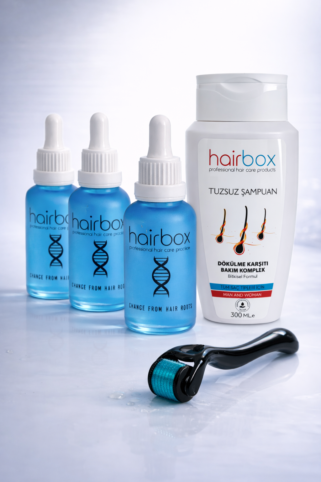 Hairbox Erkek Saç Serumu, (3 Adet Serum + 1 Adet Dermaroller + 1 Adet Şampuan)