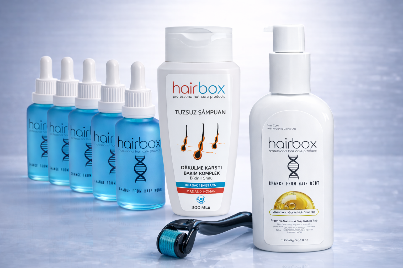 Hairbox Erkek Saç Serumu (5 Adet Serum, 1 Adet Şampuan, 1 Adet Roller, 1 Adet Saç Yağı)