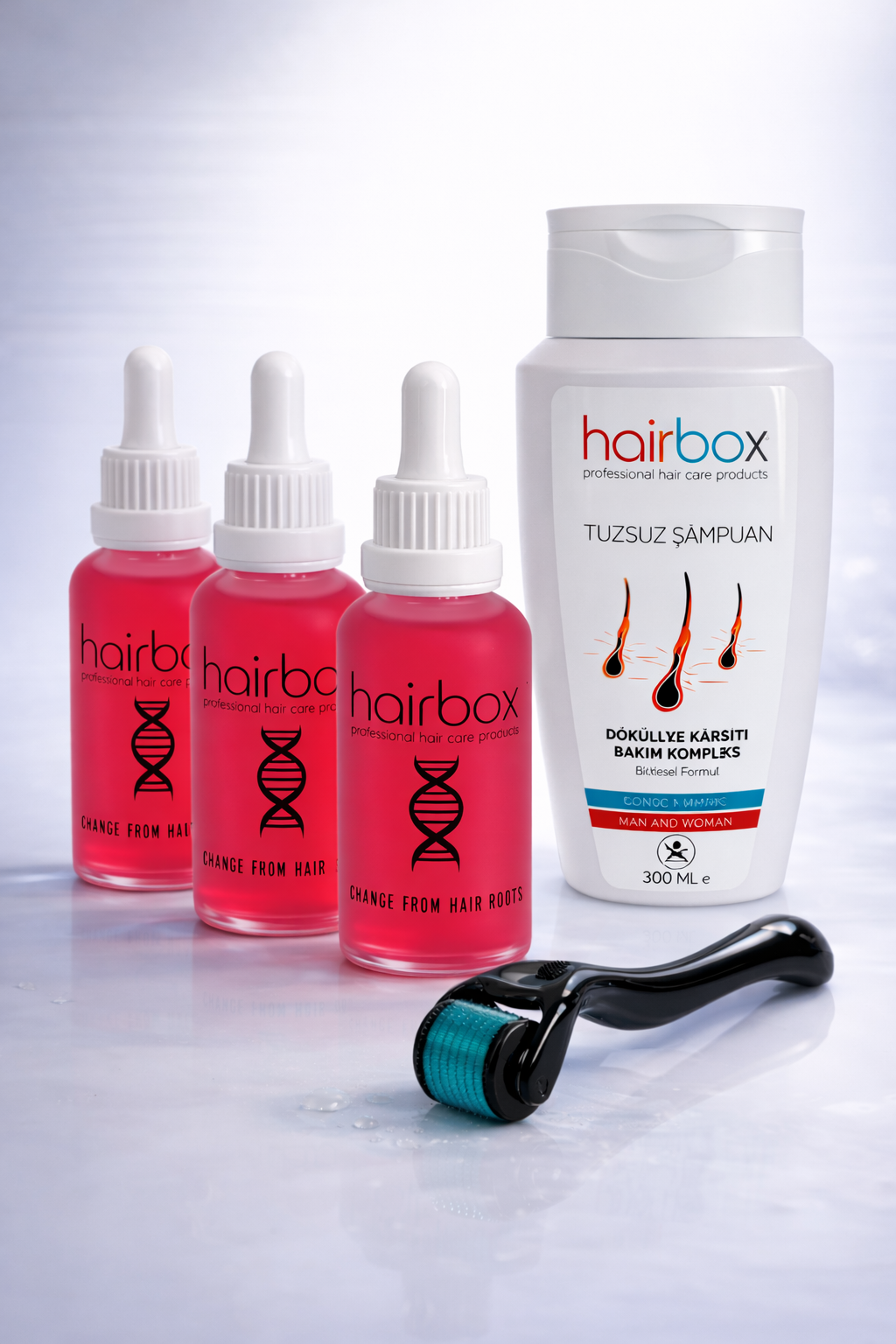 Hairbox Kadın Saç Serumu (3 Adet Serum, 1 Adet Şampuan, 1 Adet Roller)