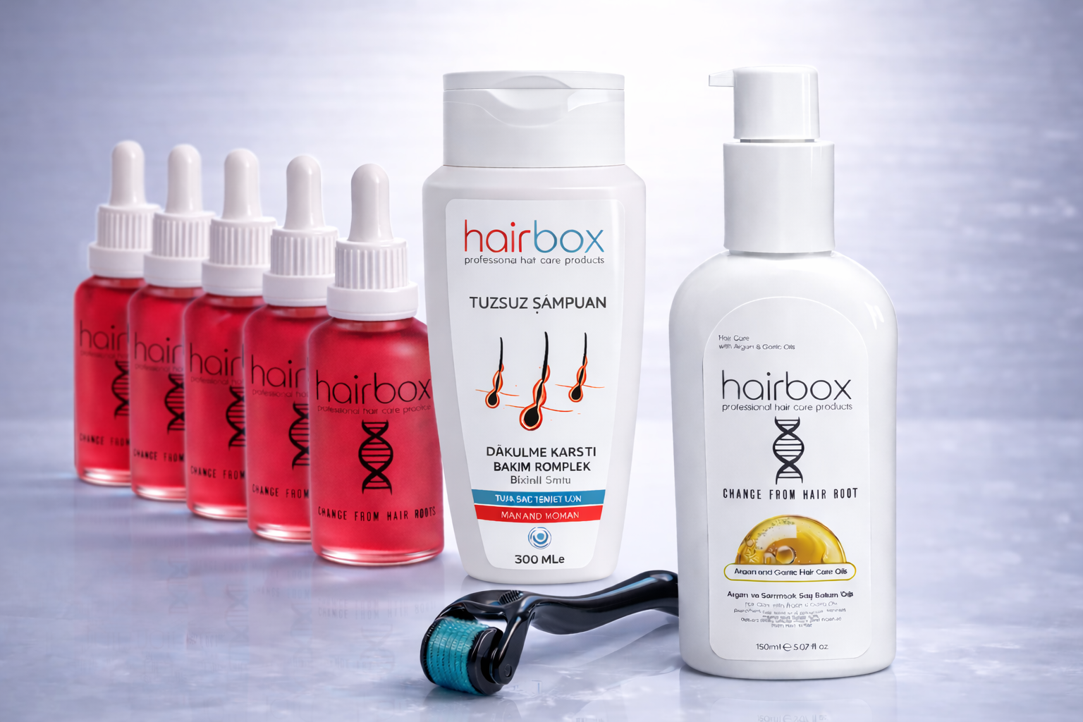Hairbox Kadın Saç Serumu (5 Adet Serum, 1 Adet Şampuan, 1 Adet Roller, 1 Adet Saç Yağı)