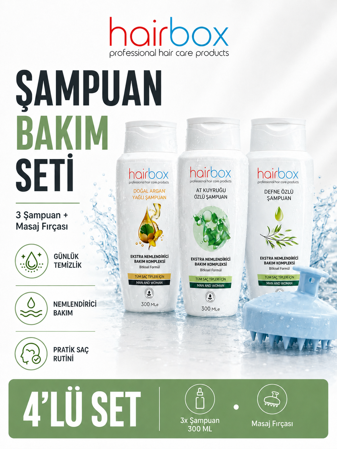 Hairbox şampuan, Argan, Atkuyruğu, Defne özlü şampuan, Banyo masaj tarağı