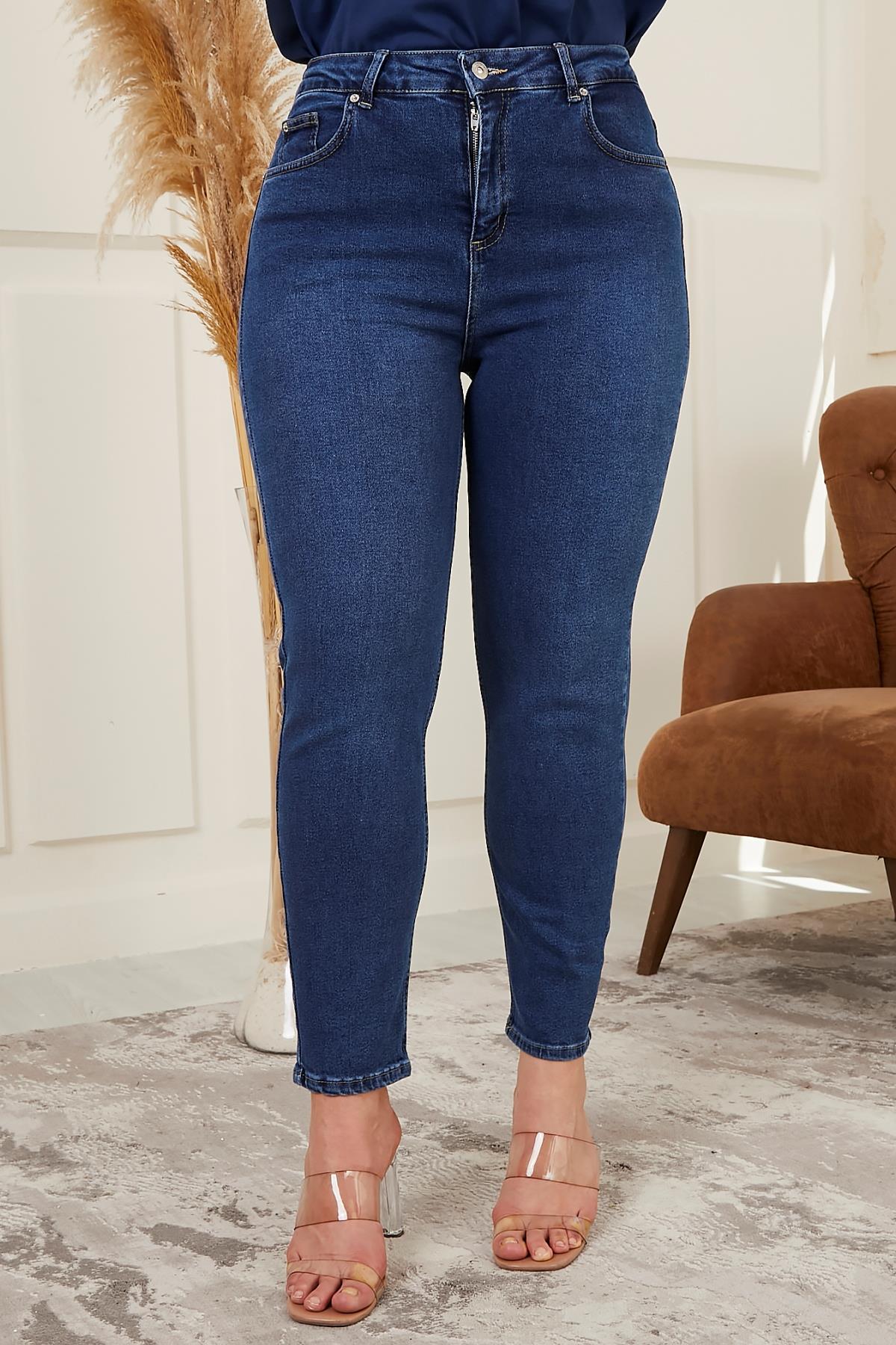 Büyük Beden Mom Jeans Mavi Pantolon