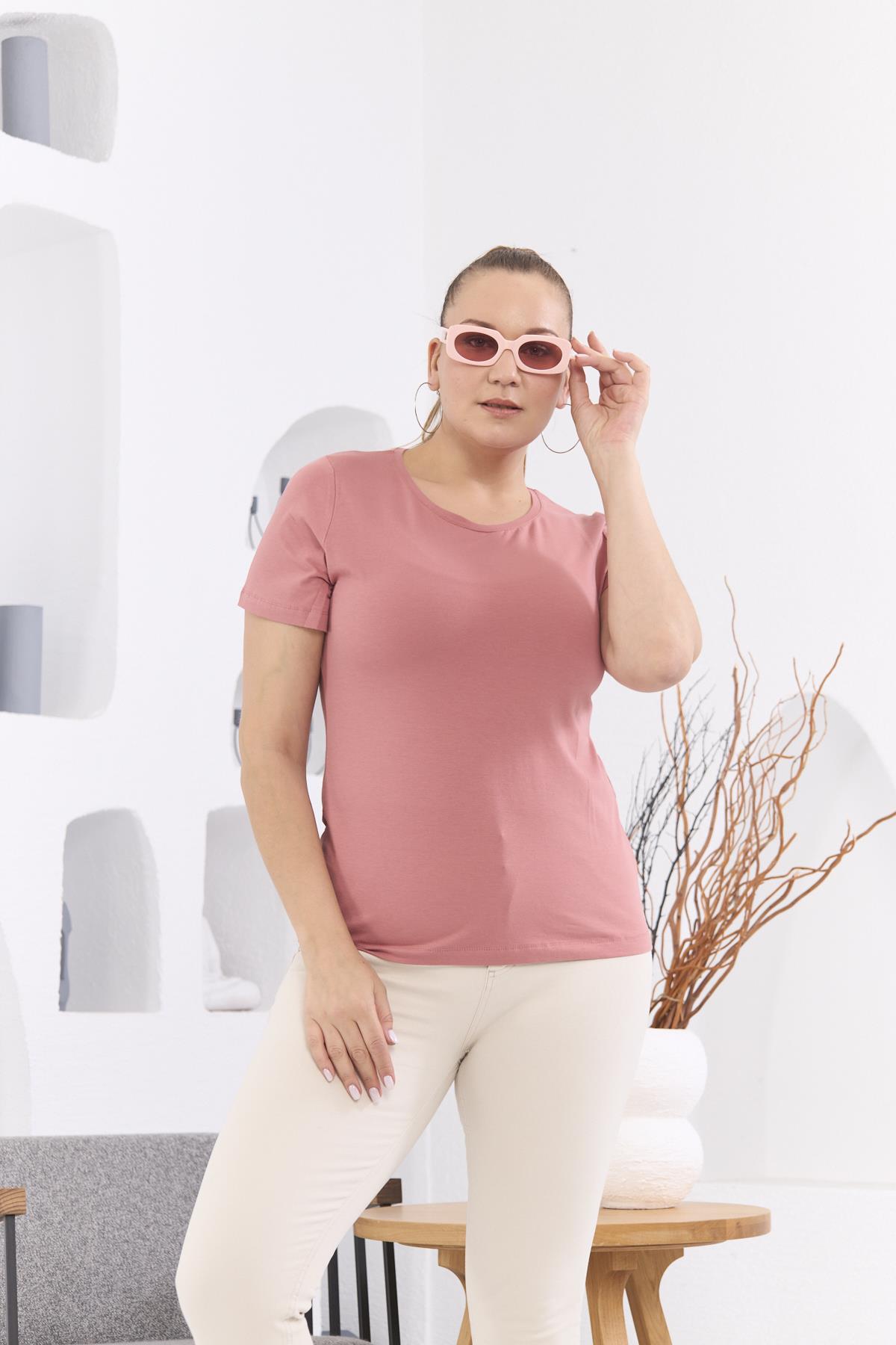 RMG Bisiklet Yaka Büyük Beden Gül Kurusu Tişört