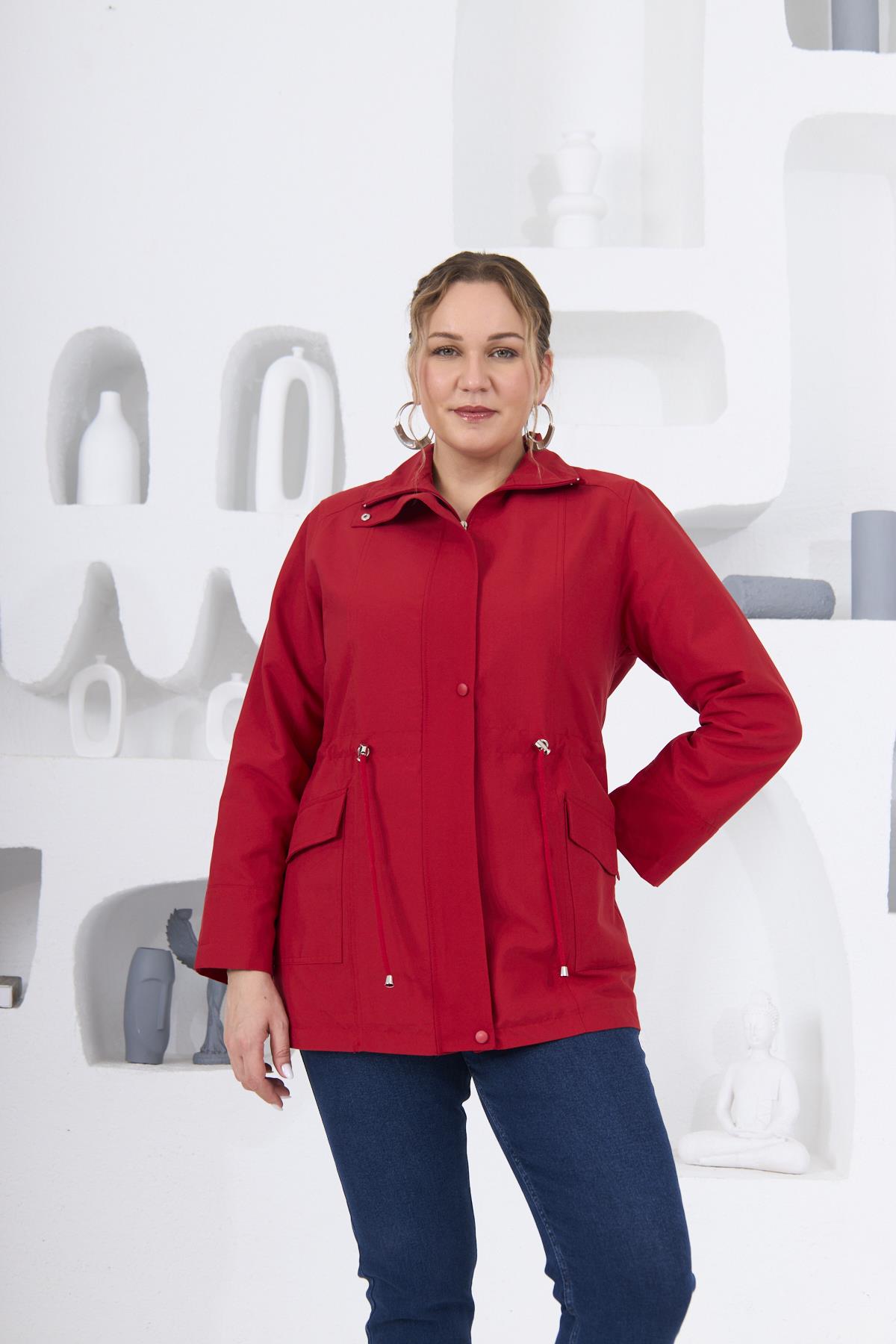 Büyük Beden Astarlı Trençkot Kırmızı