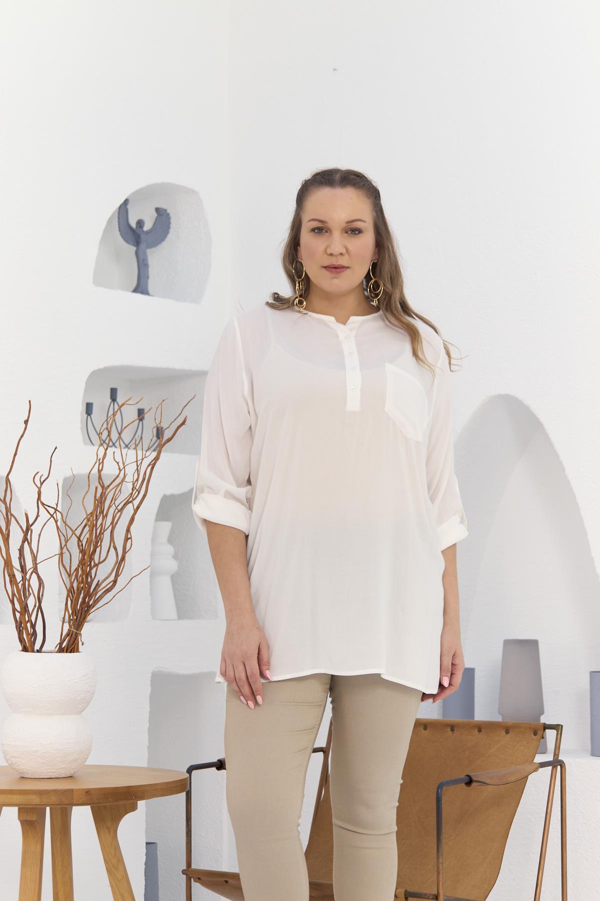 Rmg Cep Ve Kol Detaylı Yırtmaçlı Büyük Beden Ekru Tunik