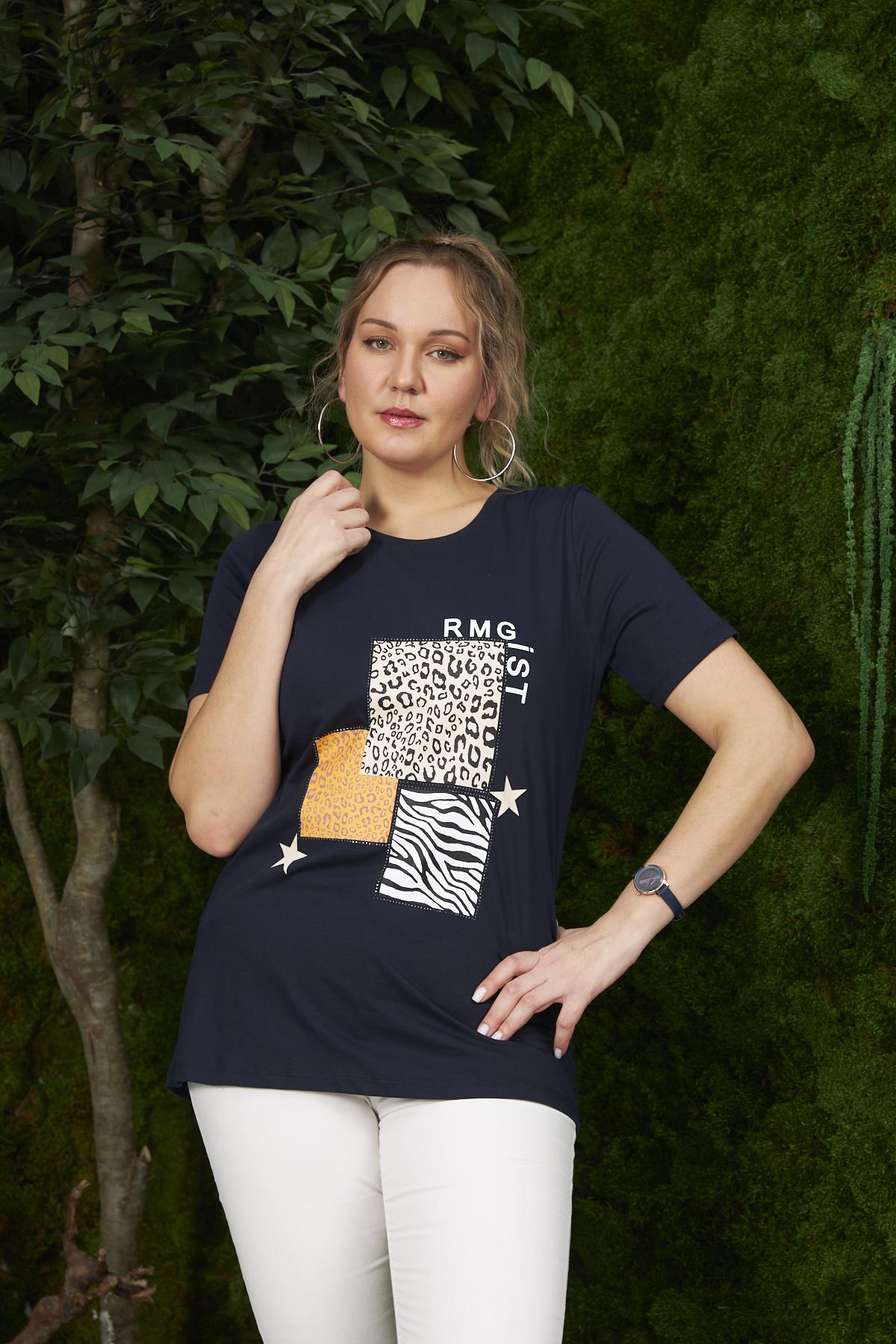 Rmg Leopar Ve Zebra Desenli Büyük Beden Lacivert Tişört