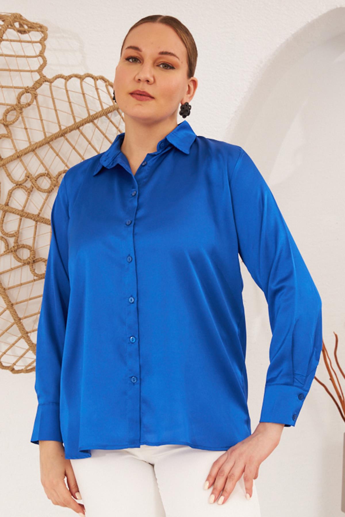 Rmg Uzun Kol Büyük Beden Saks Gömlek