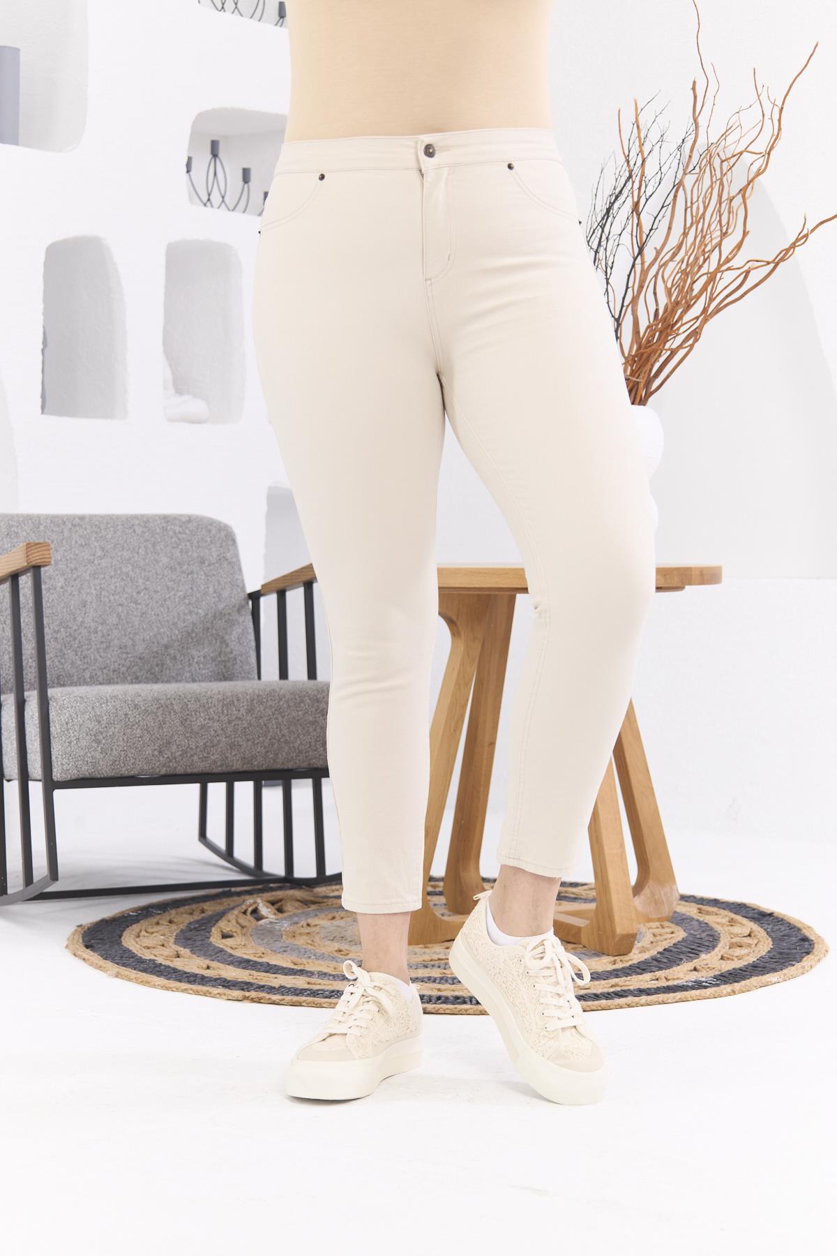 RMG Cep Detaylı Büyük Beden Pamuk Pantolon Krem