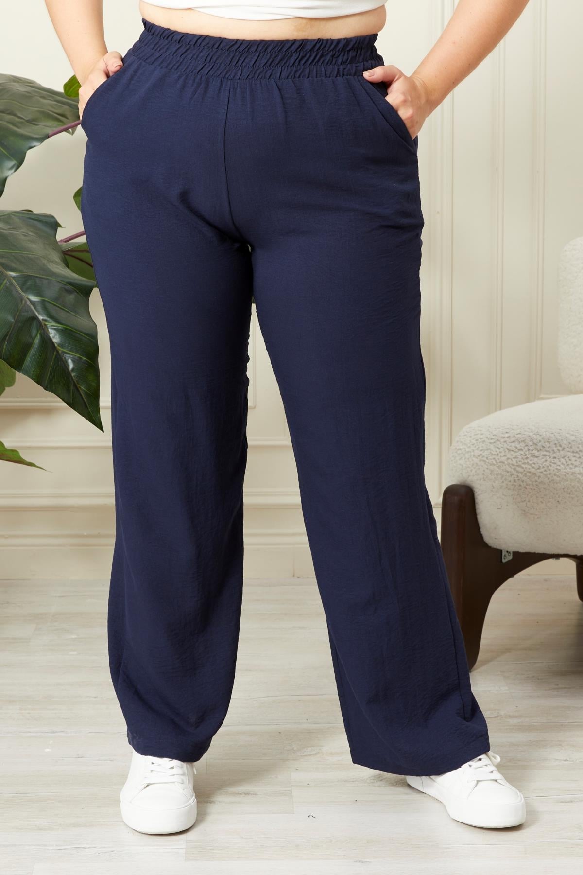 Rmg Beli Lastikli Geniş Paça Büyük Beden Lacivert Pantolon