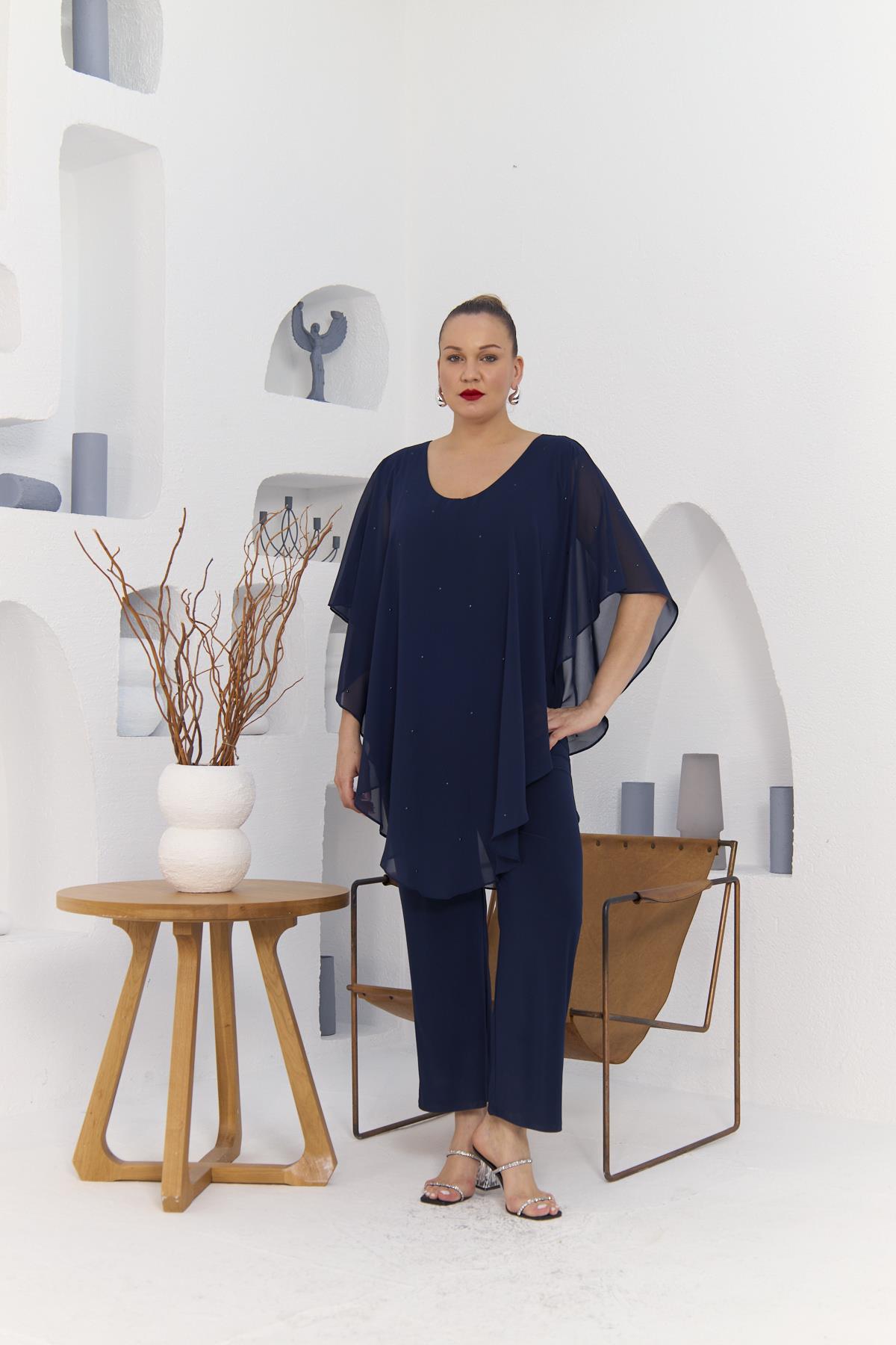 Rmg Abiye Taşlı Şifon Büyük Beden Tulum Lacivert