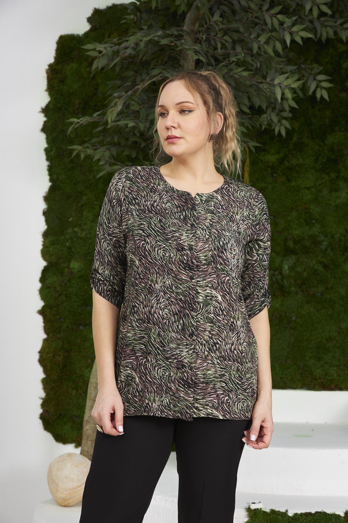 Rmg Desenli Cep Taş Detaylı Büyük Beden Haki Gömlek