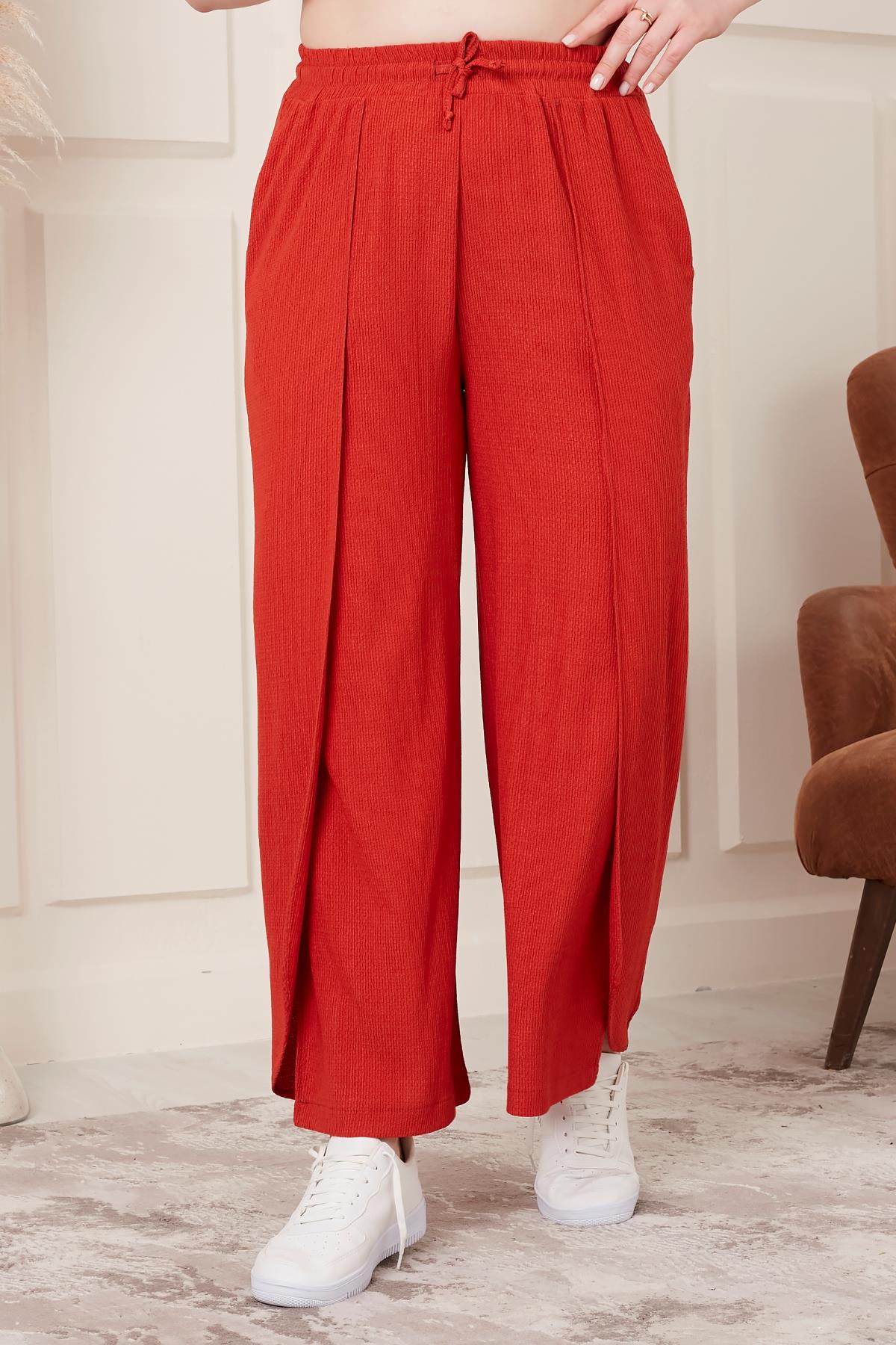 Rmg Bel Bağcık Detaylı Yırtmaçlı Büyük Beden Benetton Kiremit Pantolon