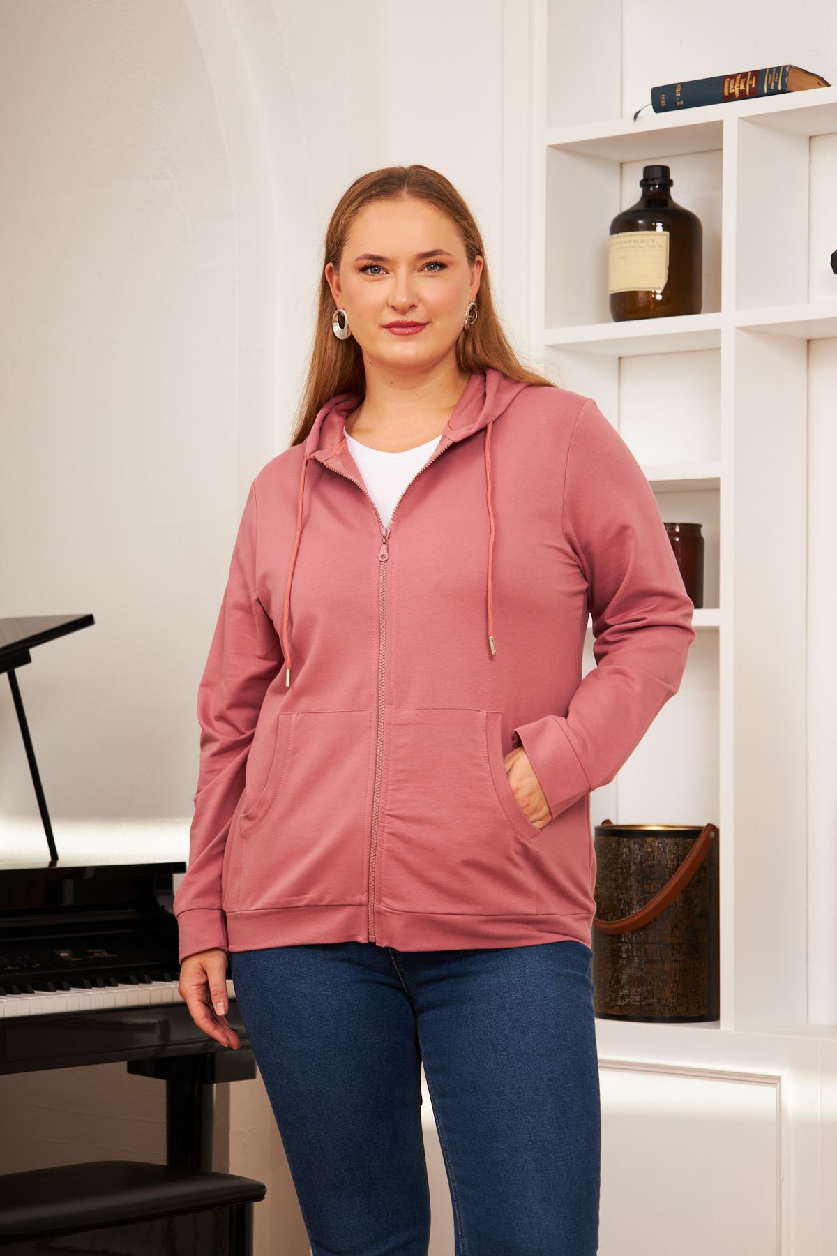 Rmg Fermuar Detaylı Büyük Beden Gülkurusu Eşofman Üst